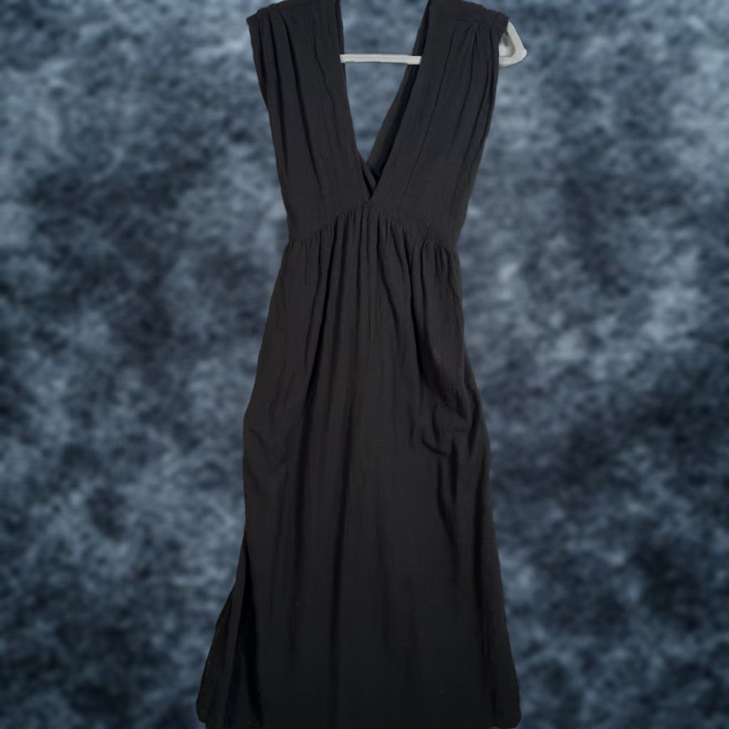 VINTAGE Malai Black Cotton Maxi Dress Casual Women Medium Sleeveless V-Neck  Bohemian All Seasons