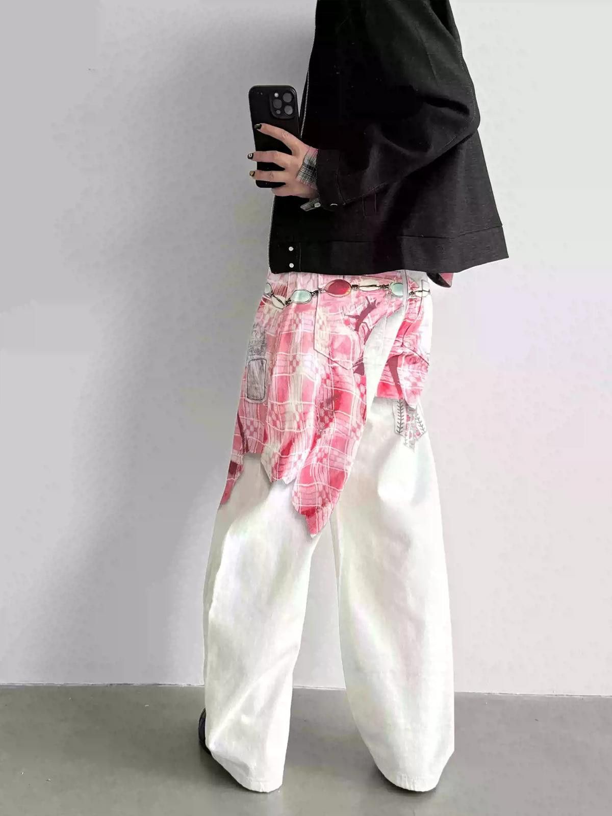 Japanese Brand White Baggy Wide Leg Pants with Pink Plaid Shirt 3D Print Size US 30 / EU 46 - 1 Thumbnail