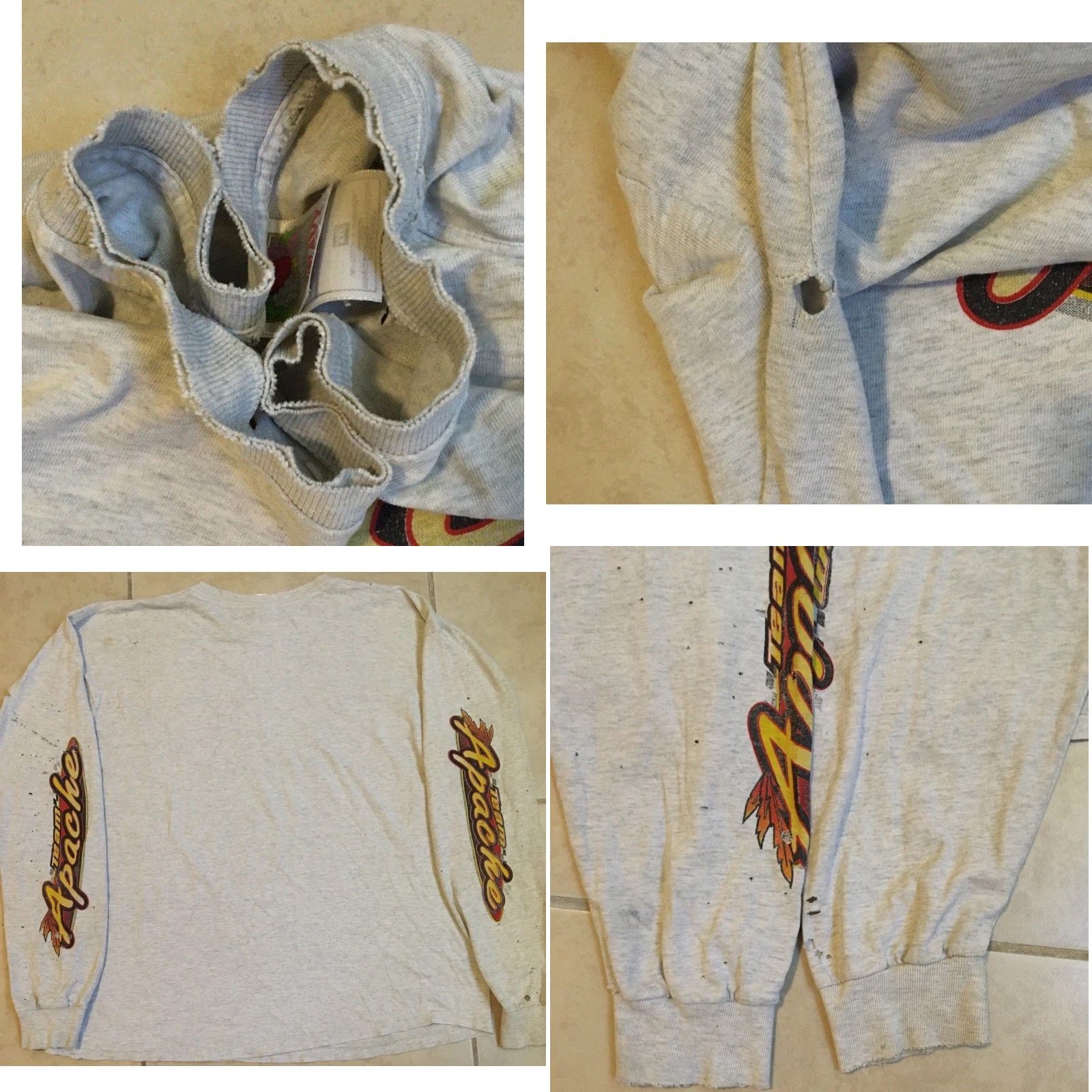 Thrasher Vtg 90s Team Apache Racing Thrashed Faded Shirt XL Grunge Flame Biker Skate Y2K Shirt Men's XL Gray Harley Vintage 90s Grunge Thrashed Thrashed Shirt Size US XL / EU 56 / 4 - 9 Thumbnail