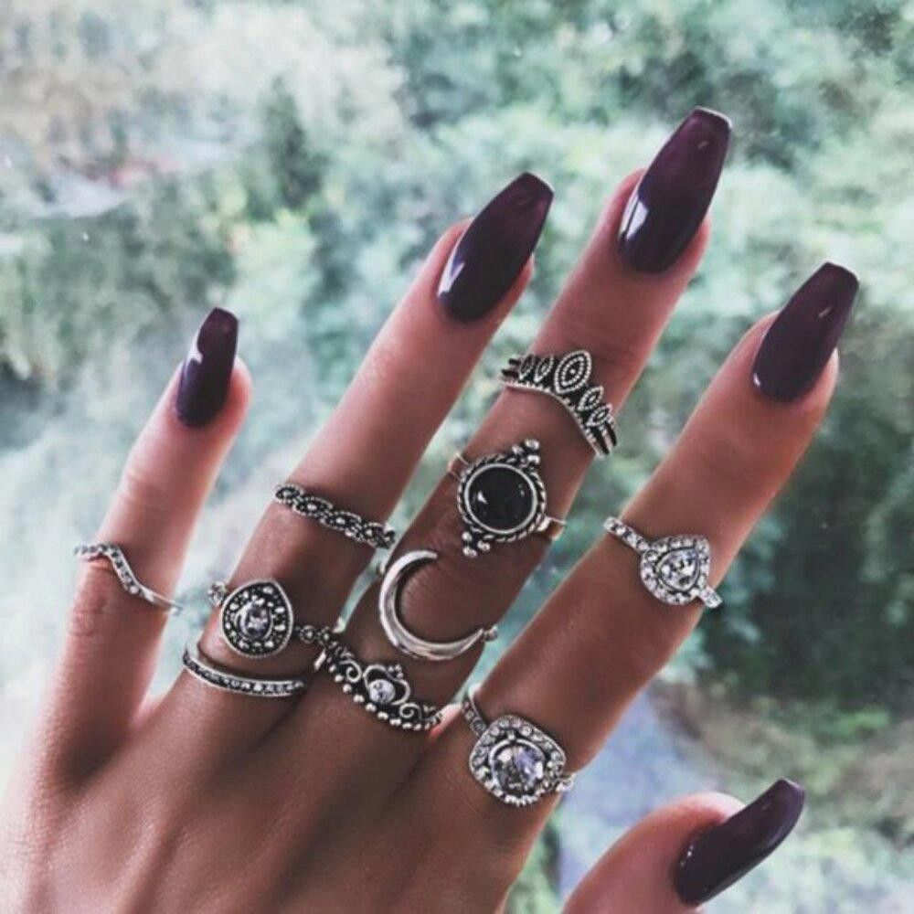 Designer 10pcs Vintage Rhinestone Knuckle Midi Stacking Boho Ring Set Size ONE SIZE - 1 Thumbnail