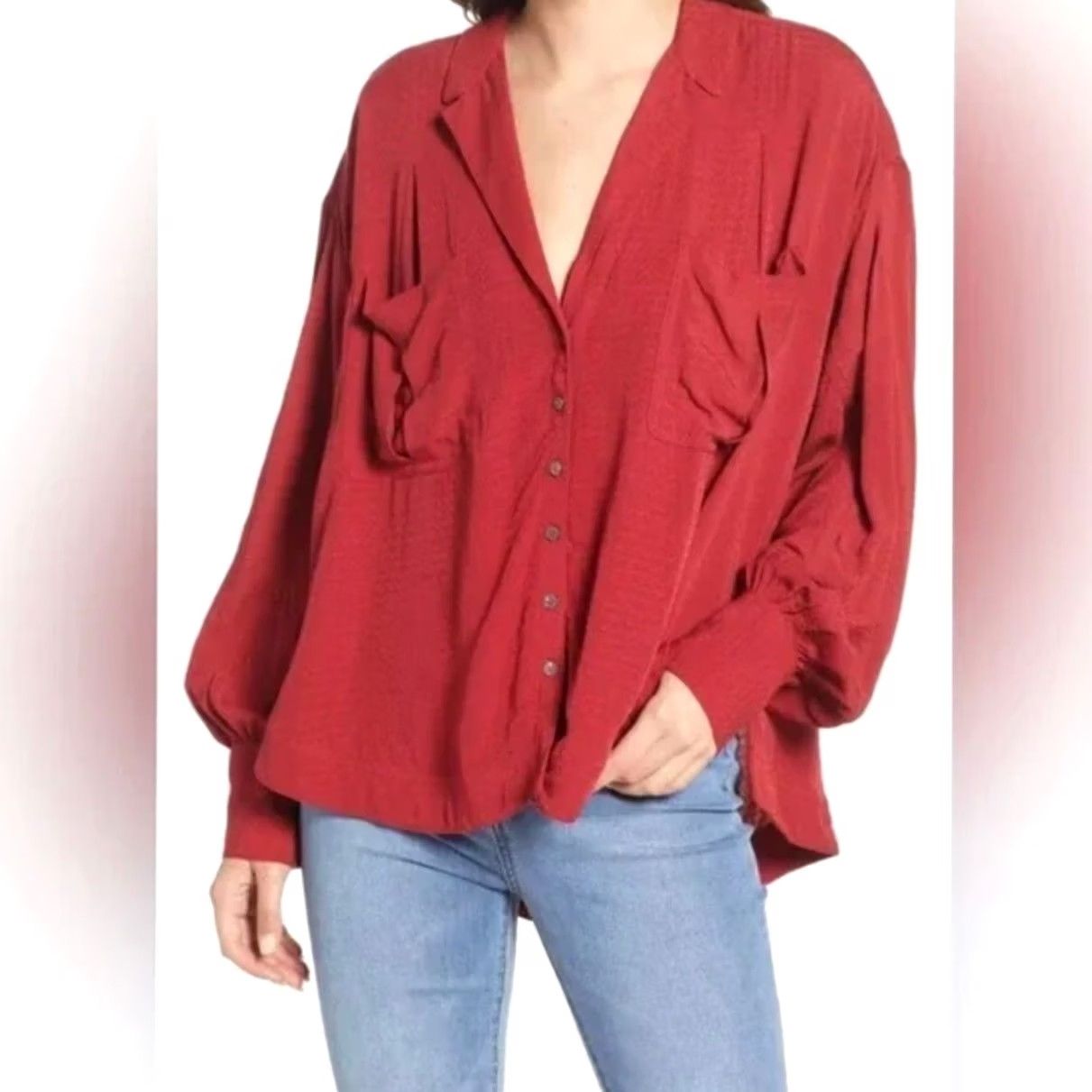 Free People Free People Red Oversized Button Front Erin’s Jacquard Long Sleeve Women’s Sz S Shirt Women S Red Oversized Button-Up 90s/2000s? Size S / US 4 / IT 40 - 2 Thumbnail