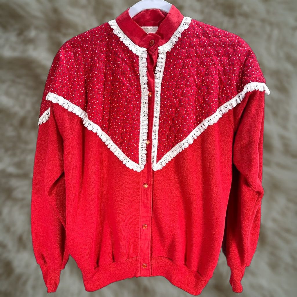 Vintage Vtg Healthknit Red Microfloral Jacket Lined Snap Buttons Lace Trim Long Sleeve Cotton Blend Women Size L Size L / US 10 / IT 46 - 1 Thumbnail