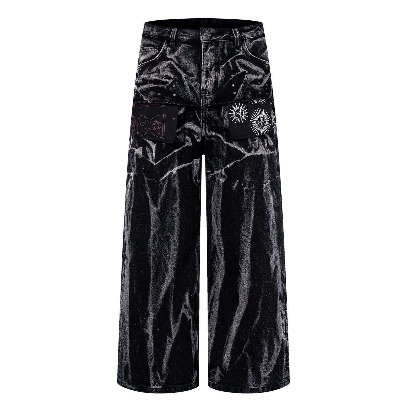 Vintage Black Tie-Dye Wide Leg Casual Pants, Patch Pocket Jeans Size 28" / US 6 / IT 42 - 6 Thumbnail