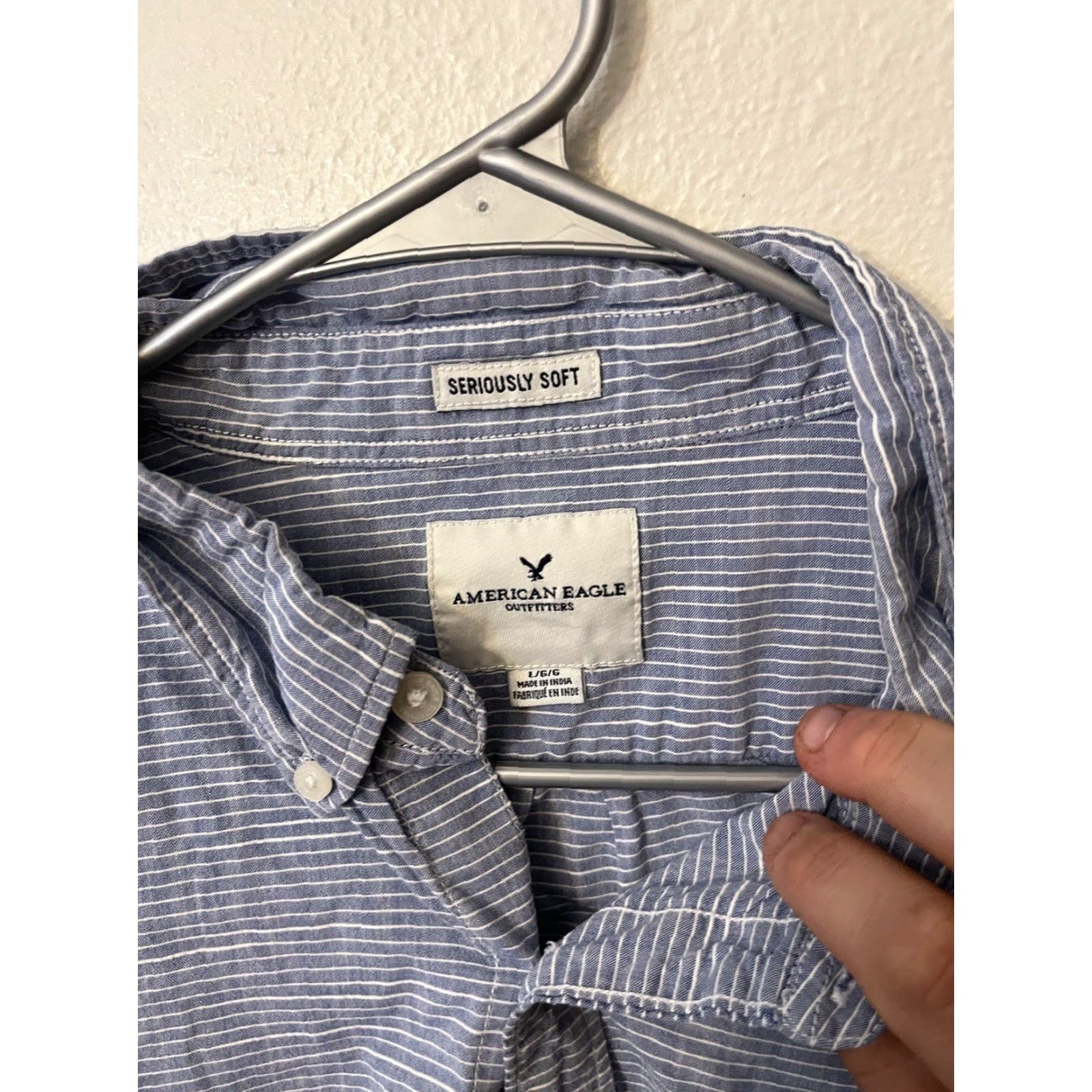 American Eagle Outfitters American Eagle Outfitters Button-Up Shirt Mens Large Short Sleeve Striped Blue Cotton Classic Preppy Plaid Check Collared Button-Down 90s? Size US 33 - 2 Thumbnail