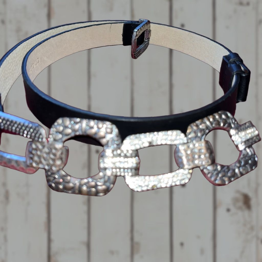 Vintage VINTAGE Chico's SILVER SQUARE Chain BELT Leather 24-37” Adjustable BLACK LEATHER Mens Women Girls Boys Size ONE SIZE - 1 Thumbnail