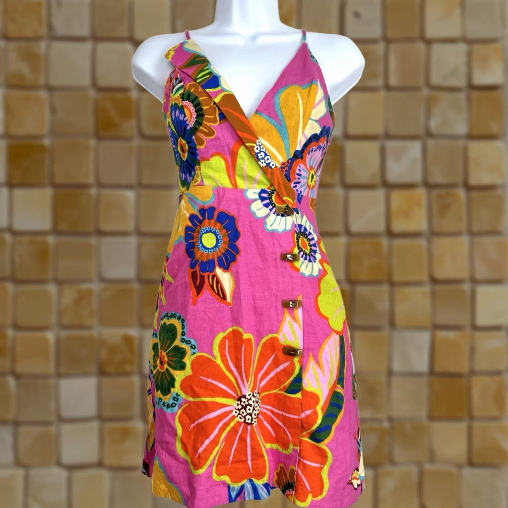 Farm Rio Farm Rio Dress Mini Sleeveless Linen V-Neck 2XS Multicolor Bohemian Flower Floral Side Zip Lined Size XXS / US 00 / IT 34 - 1 Thumbnail