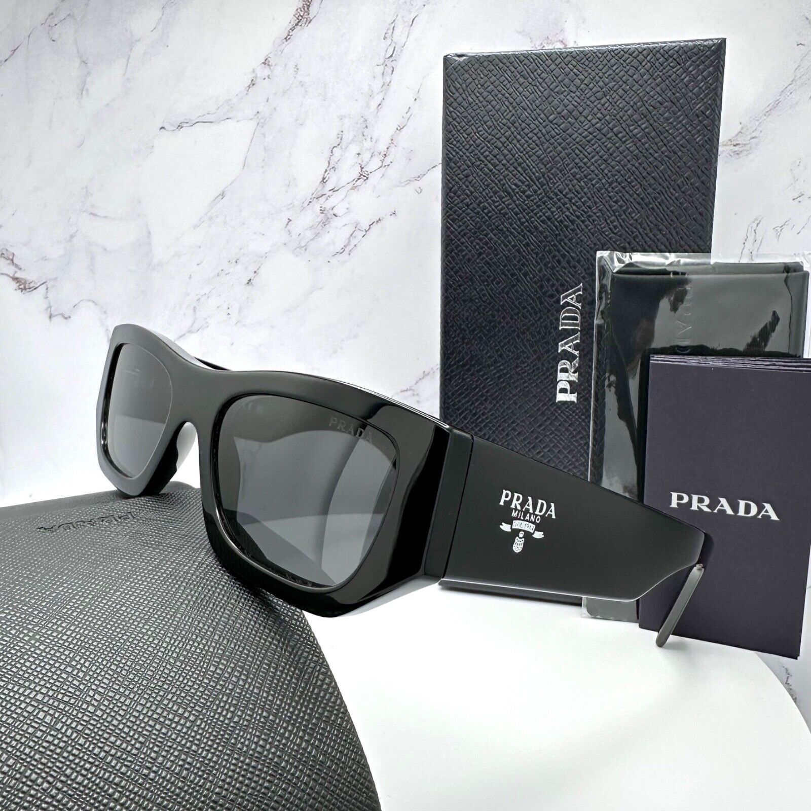 Prada PRADA Sunglasses Black Square PRADA MILANO Silver Logo Size ONE SIZE - 11 Thumbnail