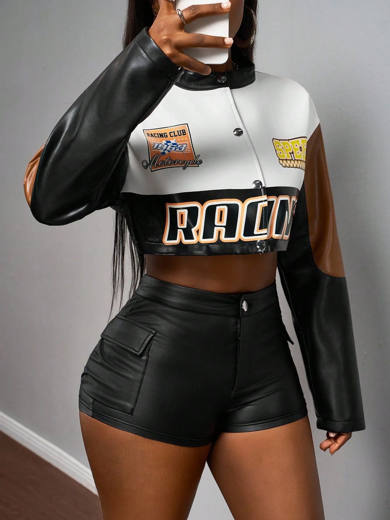 Other Women’s Cropped Racing Black White Brown Biker Jacket Size M / US 6-8 / IT 42-44 - 7 Thumbnail