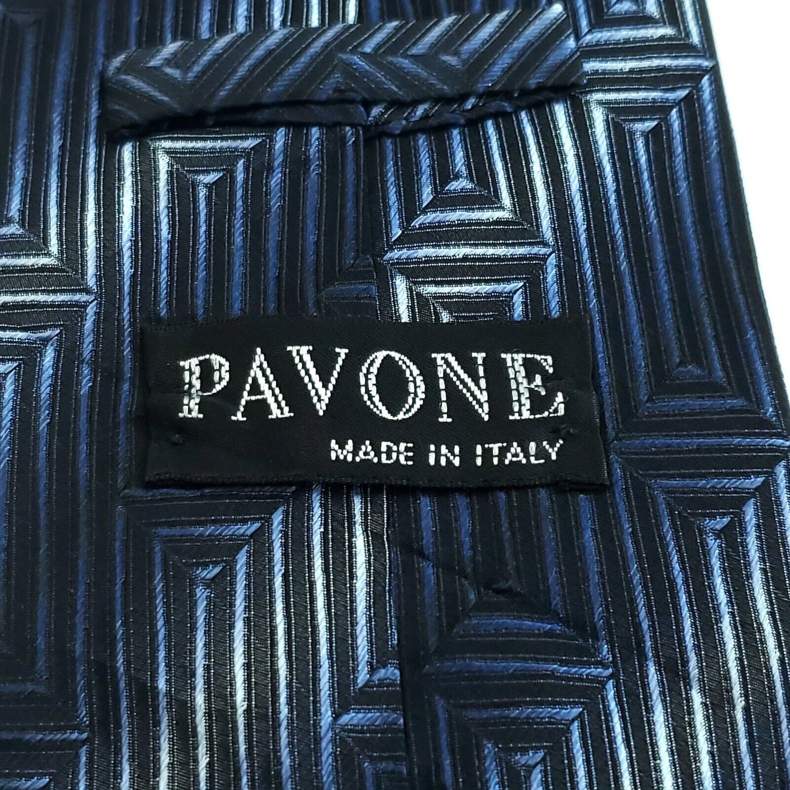 Designer Pavone Silk Tie Blue Black Metallic Abstract Woven Wide Ital Size ONE SIZE - 3 Thumbnail