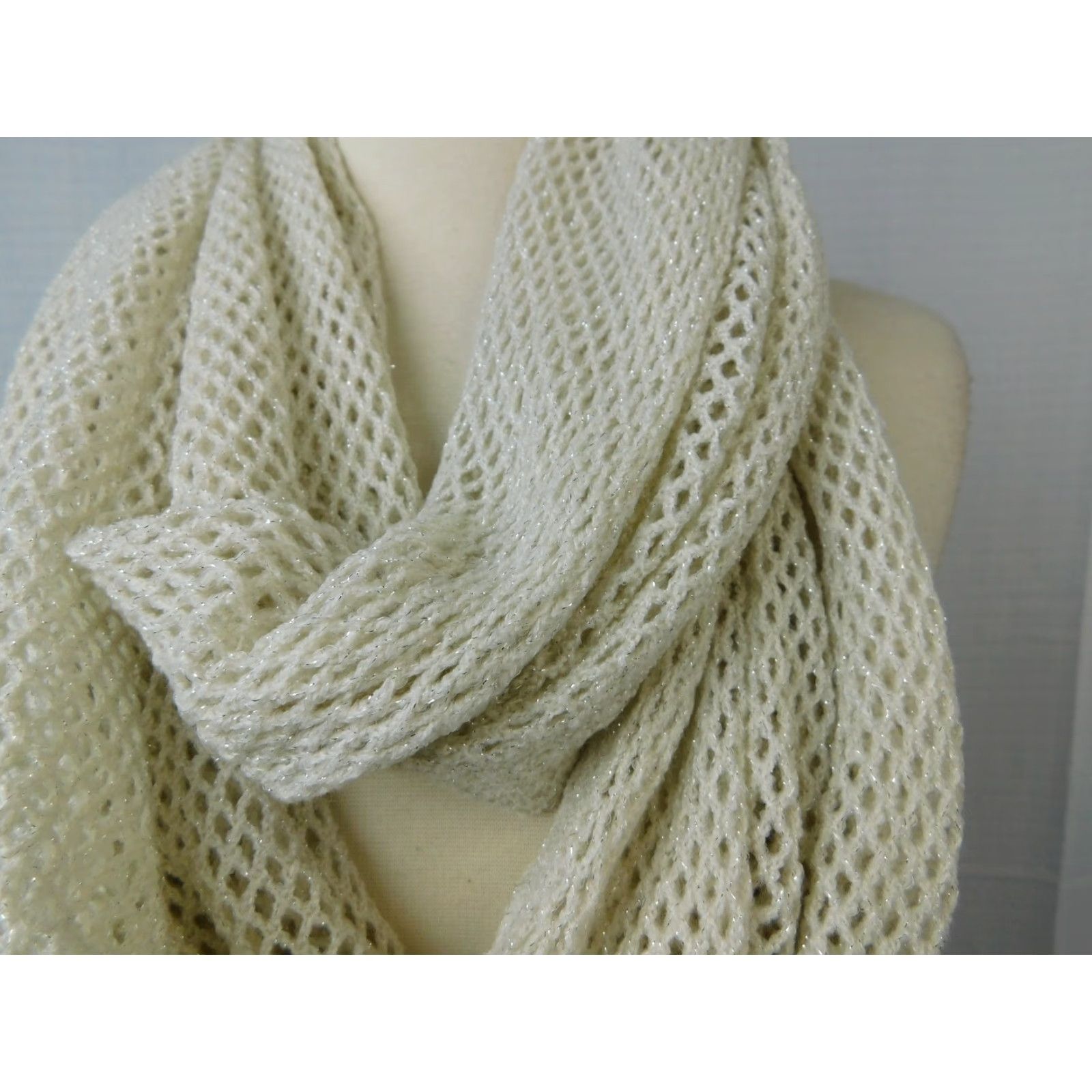 Steve Madden Steve Madden Infinity Scarf Fishnet Ivory Metallic Thread Cowl - 29" x 21" Womens Size ONE SIZE - 2 Thumbnail