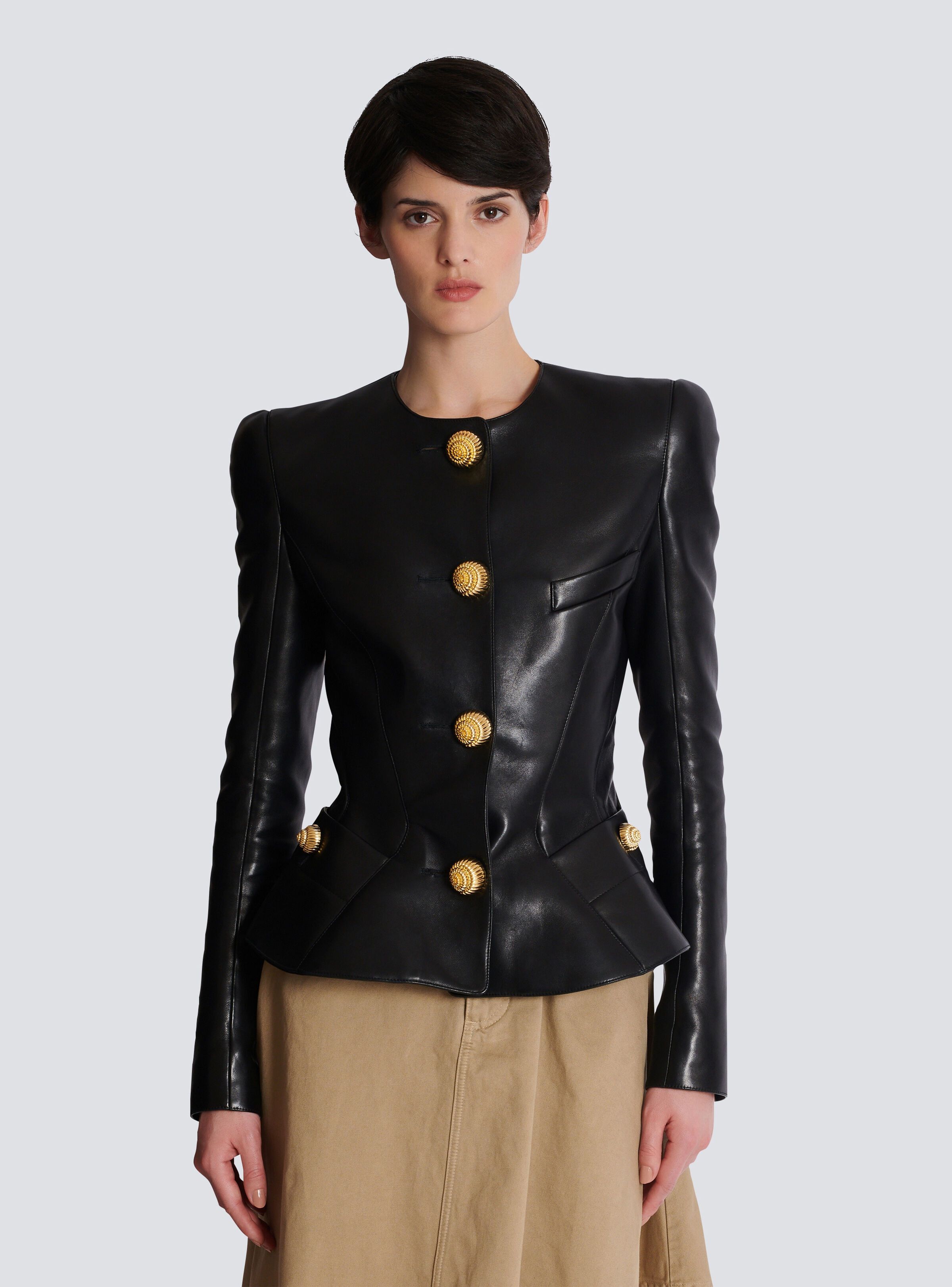 Balmain o1s1wg111025 Lambskin Leather Peplum Jacket in Black Size XS / US 0-2 / IT 36-38 - 8 Thumbnail