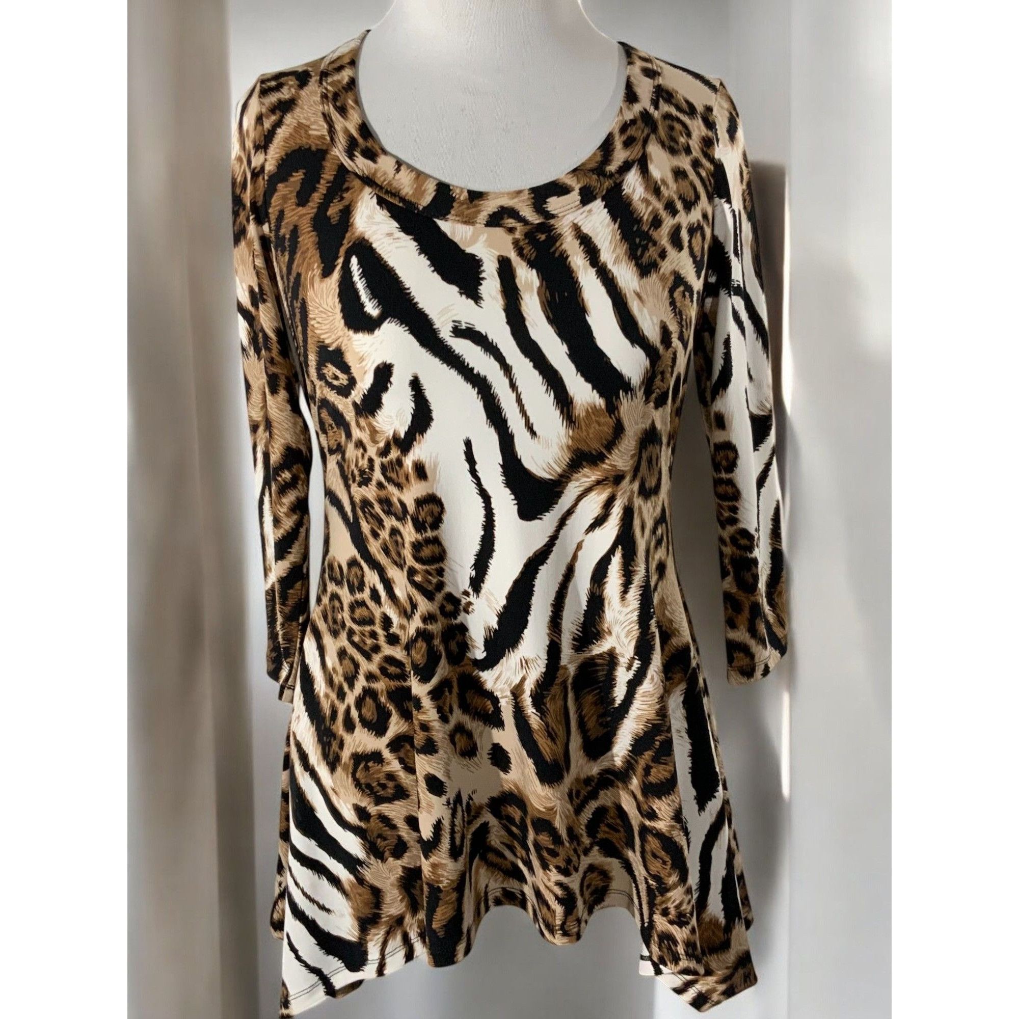 Designer Chaus Animal Print Brown Black Tunic Top Quarter Sleeve S Size S / US 4 / IT 40 - 2 Thumbnail