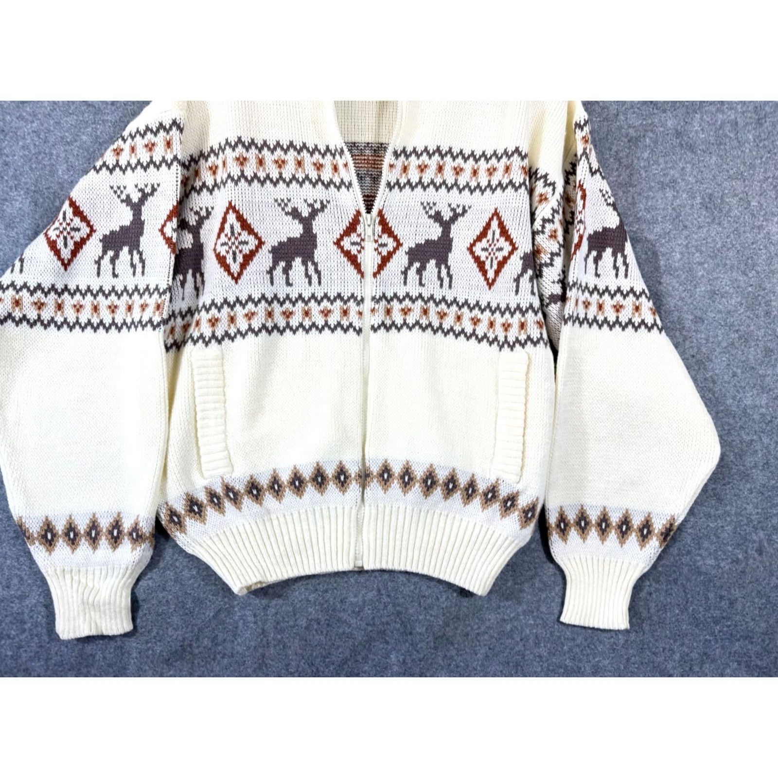 Vintage Scandia Woods Sweater Mens L Ivory Argyle Nordic Deer Mock Neck Full Zip NWOT Size US L / EU 52-54 / 3 - 4 Thumbnail