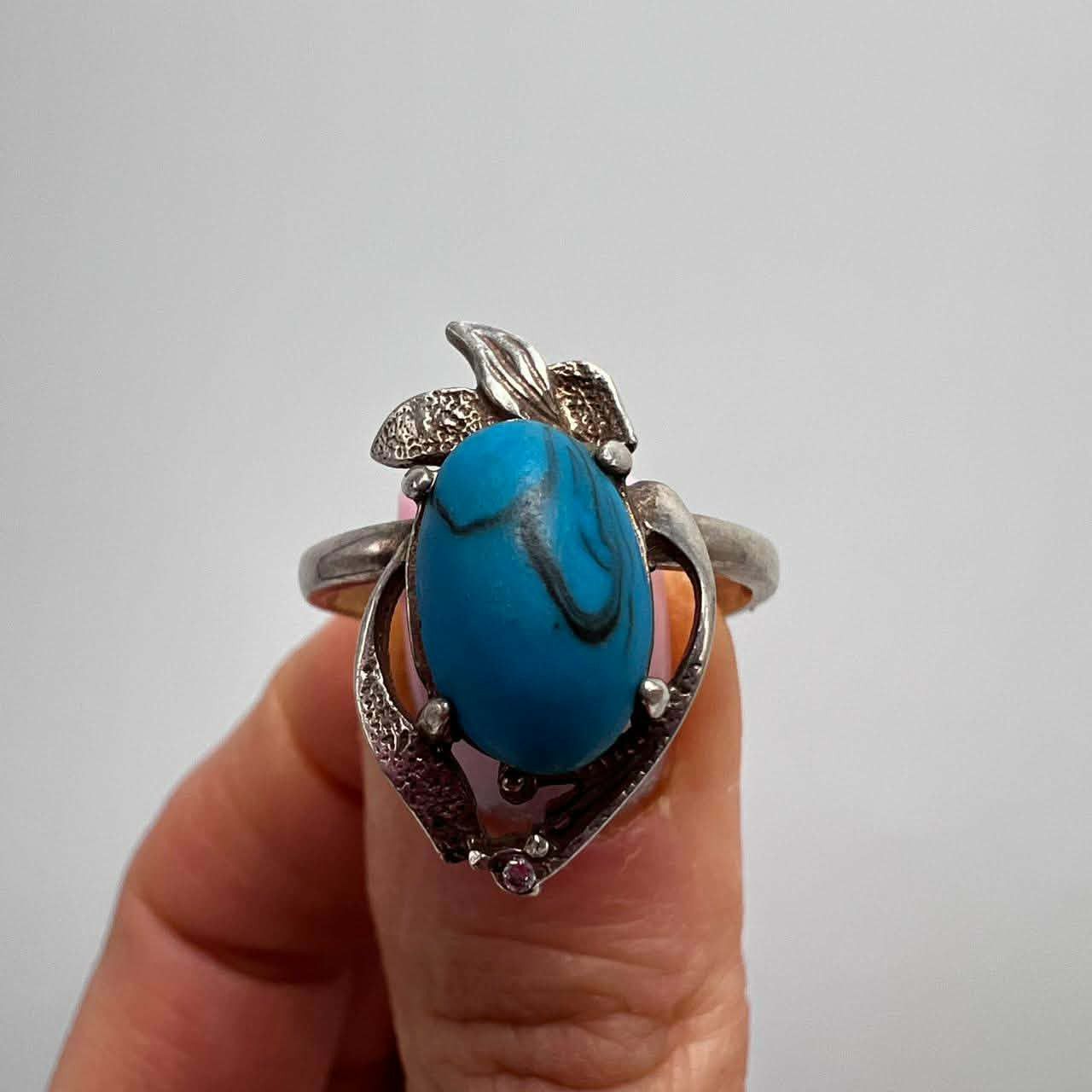 Sterling Silver Vintage Ring Sterling Silver 925 Stone Turquoise S 8US Size ONE SIZE - 2 Thumbnail