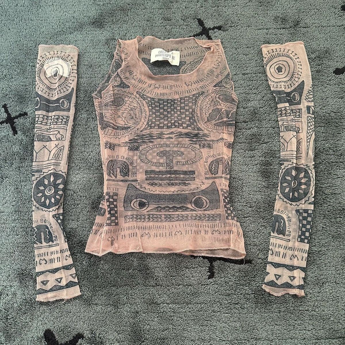 image of Maison Margiela Margiela Spring 1989 Ss89 Archive Tattoo Mesh Top & Sleeves in Beige, Women's (Size