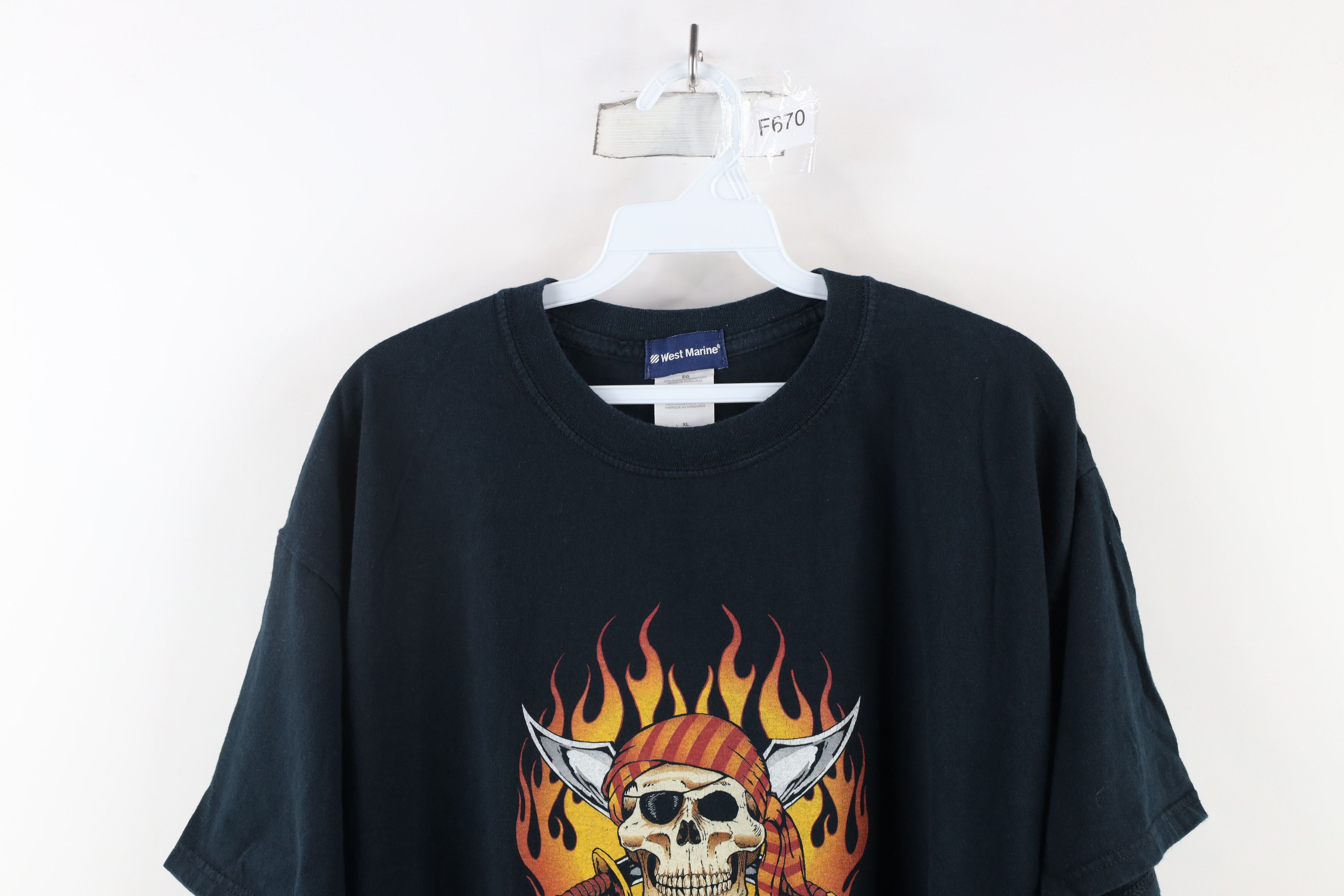 Vintage Vintage 90s Streetwear Skull Fire Flames Sword T-Shirt Size US XL / EU 56 / 4 - 2 Thumbnail