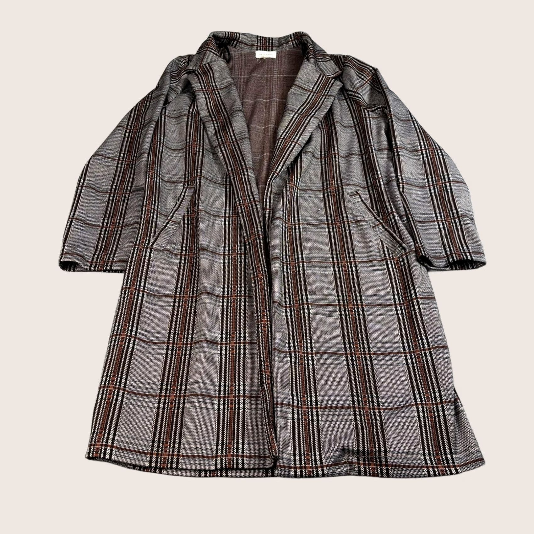 Vintage Melloday Coatigan Womens M Brown Plaid Long Jacket Overcoat Open Front Pockets Collared Knit Size M / US 6-8 / IT 42-44 - 1 Thumbnail