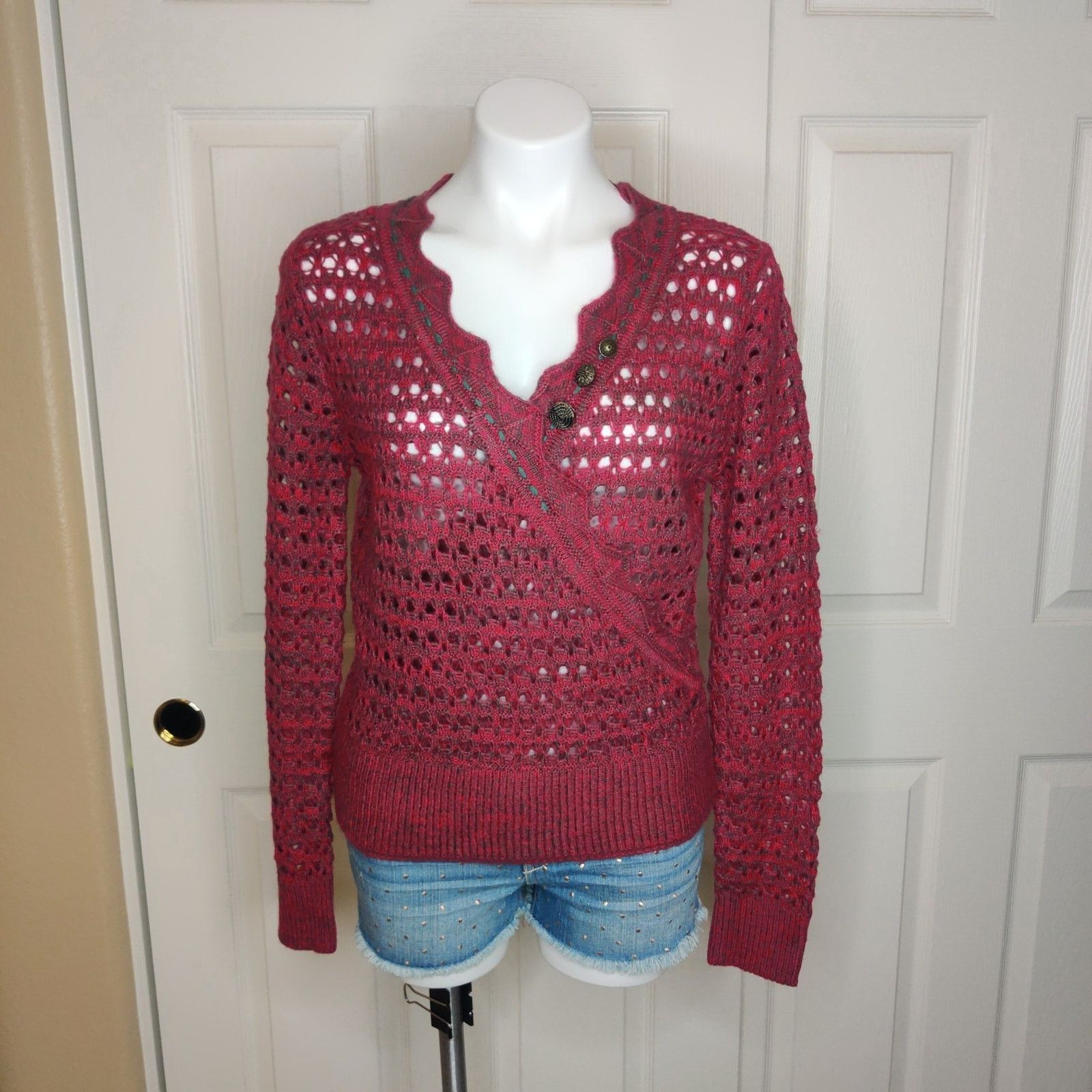 Anthropologie Nick & Mo crochet faux wrap V-neck sweater sz S Size S / US 4 / IT 40 - 1 Thumbnail