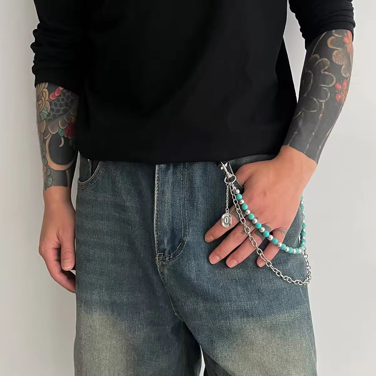 Jewelry Beaded Chain Belt with Silver Accents - Turquoise & Silver | Size ONE SIZE - 2 Thumbnail