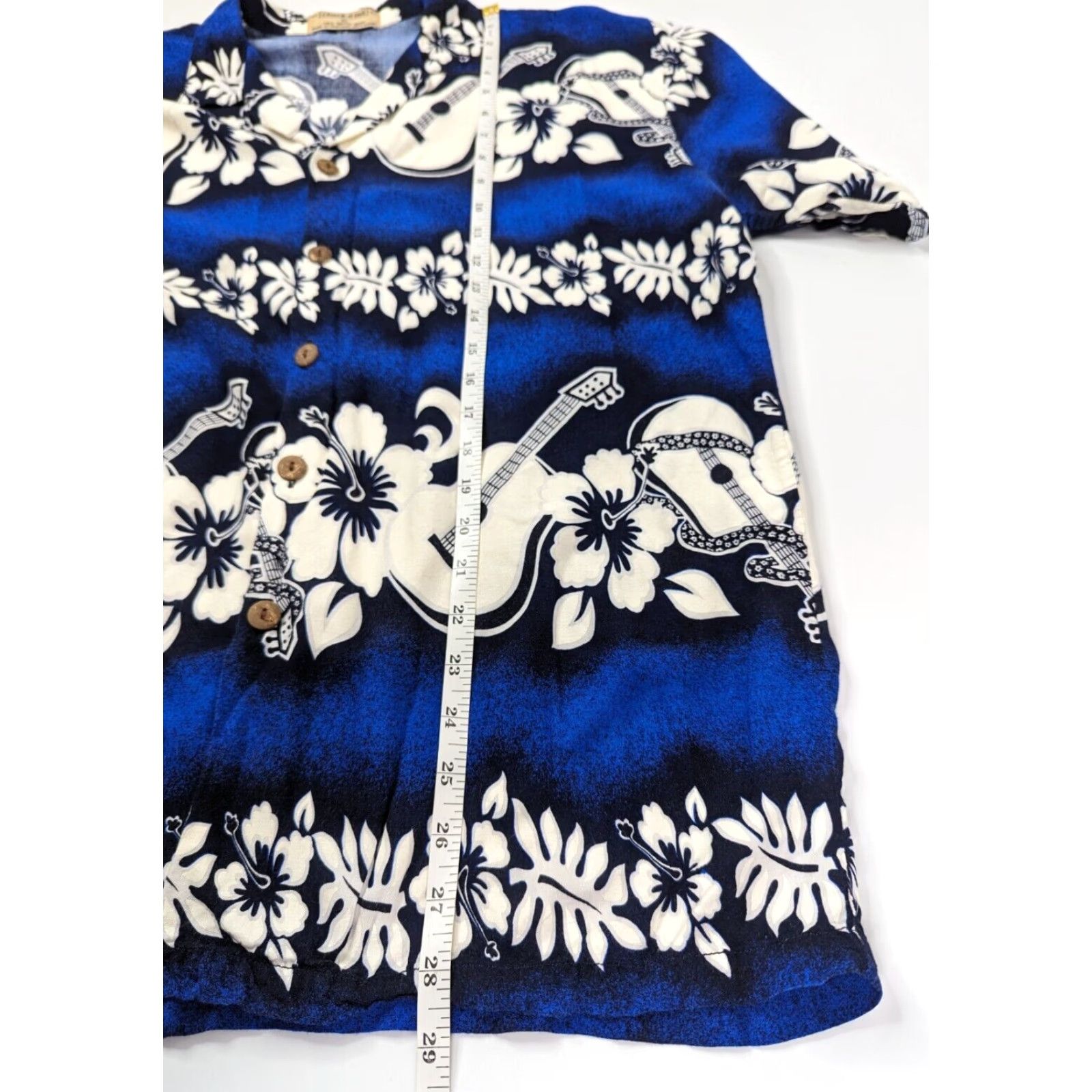 Vintage Vtg 80’s Check It Out Floral Guitars Hawaiian Shirt XL White Blue Button Rayon Size US XL / EU 56 / 4 - 5 Thumbnail
