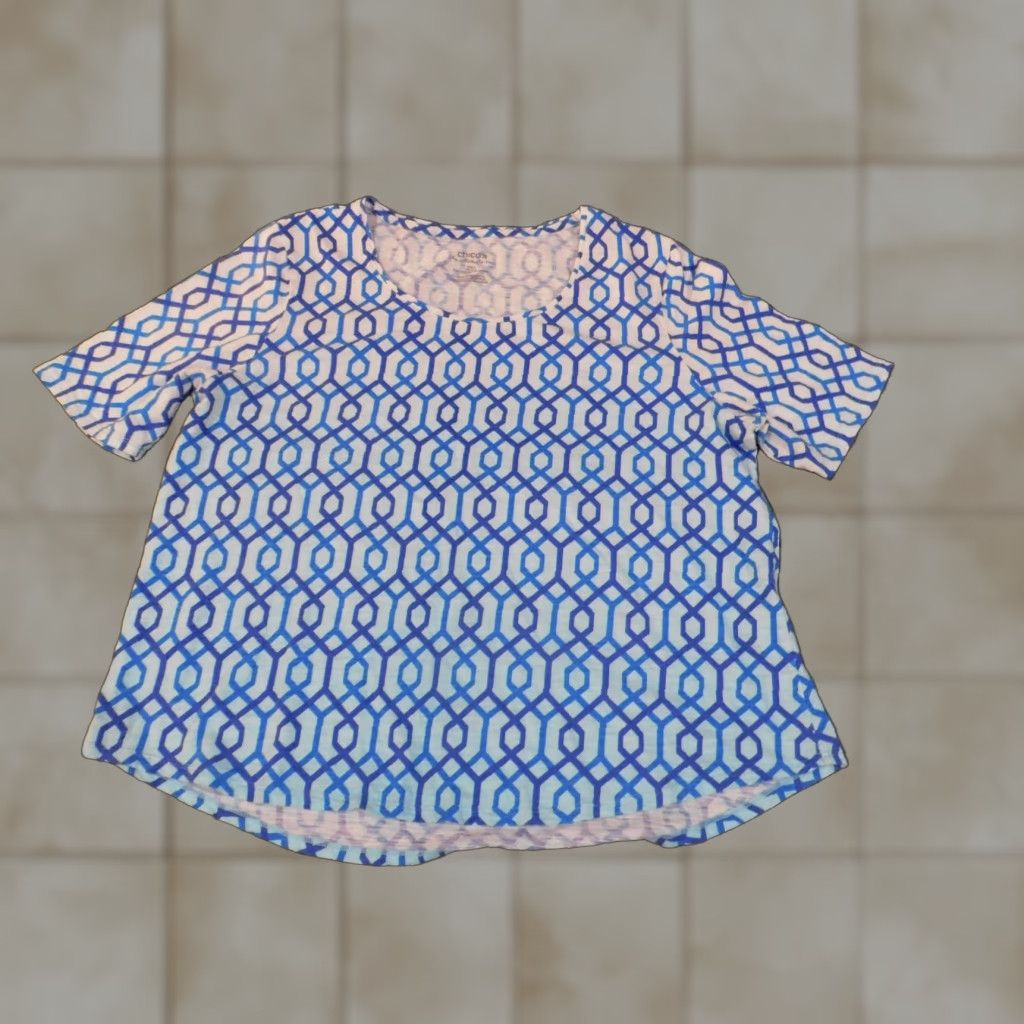 Vintage Chicos Blouse Shirt Women Regular Size 3 Blue Geometric Pullover Crewneck Knit Cotton Modal Basic Non-Iron Casual Tee Size XS / US 0-2 / IT 36-38 - 1 Thumbnail