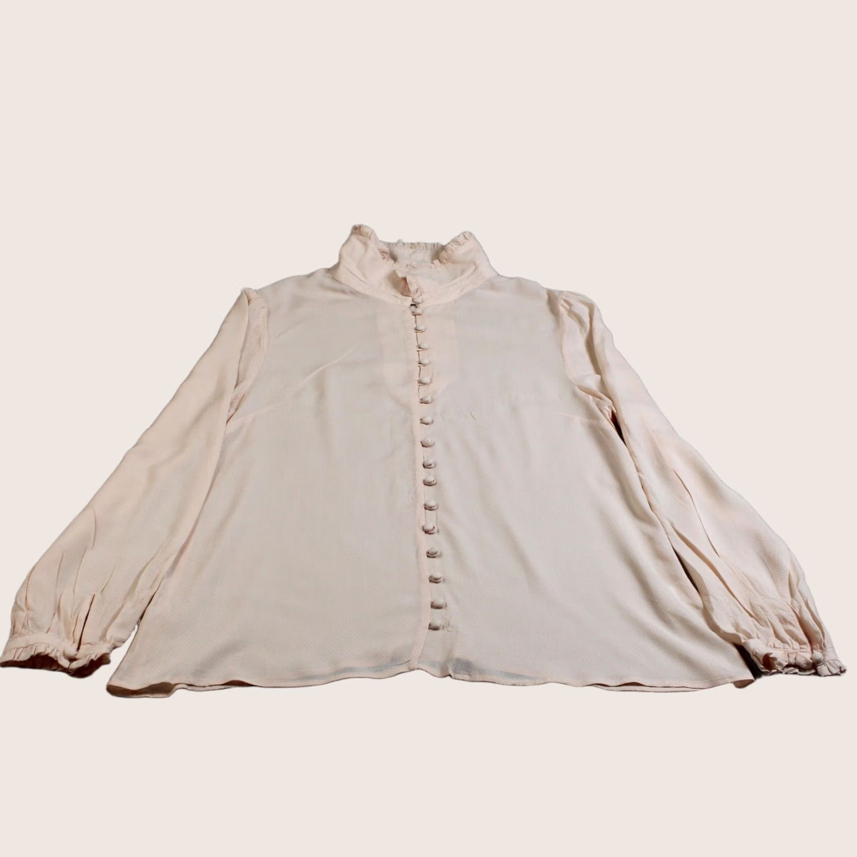 Vintage VINTAGE? No. ModCloth Shirt Women L Pink Ruffle Mock Neck Button Sheer Romantic Boho Top Size L / US 10 / IT 46 - 1 Thumbnail