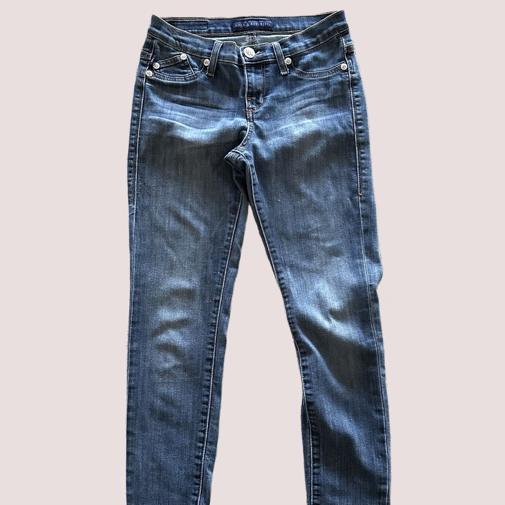 Vintage Rock & Republic Jeans Kashmiere Mid Rise Skinny Stretch Denim Womens 4 27x28 Blue 5-Pocket Distressed Size 27" / US 4 / IT 40 - 1 Thumbnail
