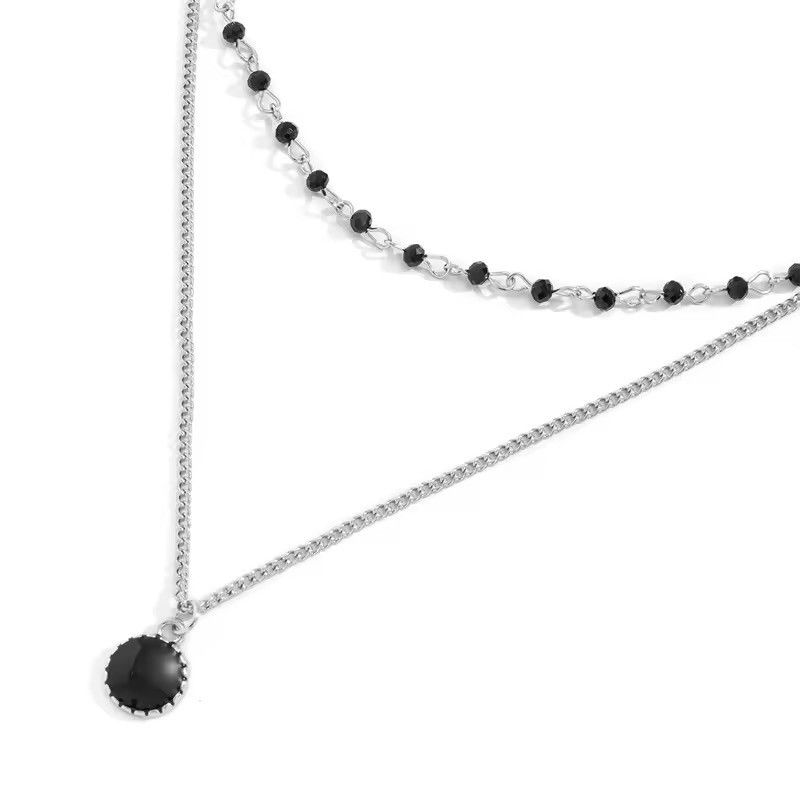 Jewelry Double Layer Black Rhinestone Pendant Silver Necklace Size ONE SIZE - 6 Thumbnail
