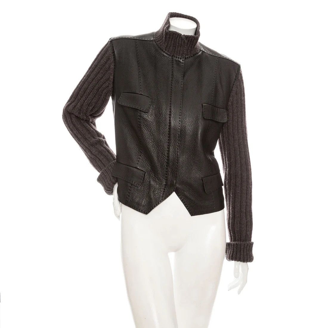 Hermes Hermes Leather Knit Sleeve Biker Jacket Size M / US 6-8 / IT 42-44 - 1 Thumbnail