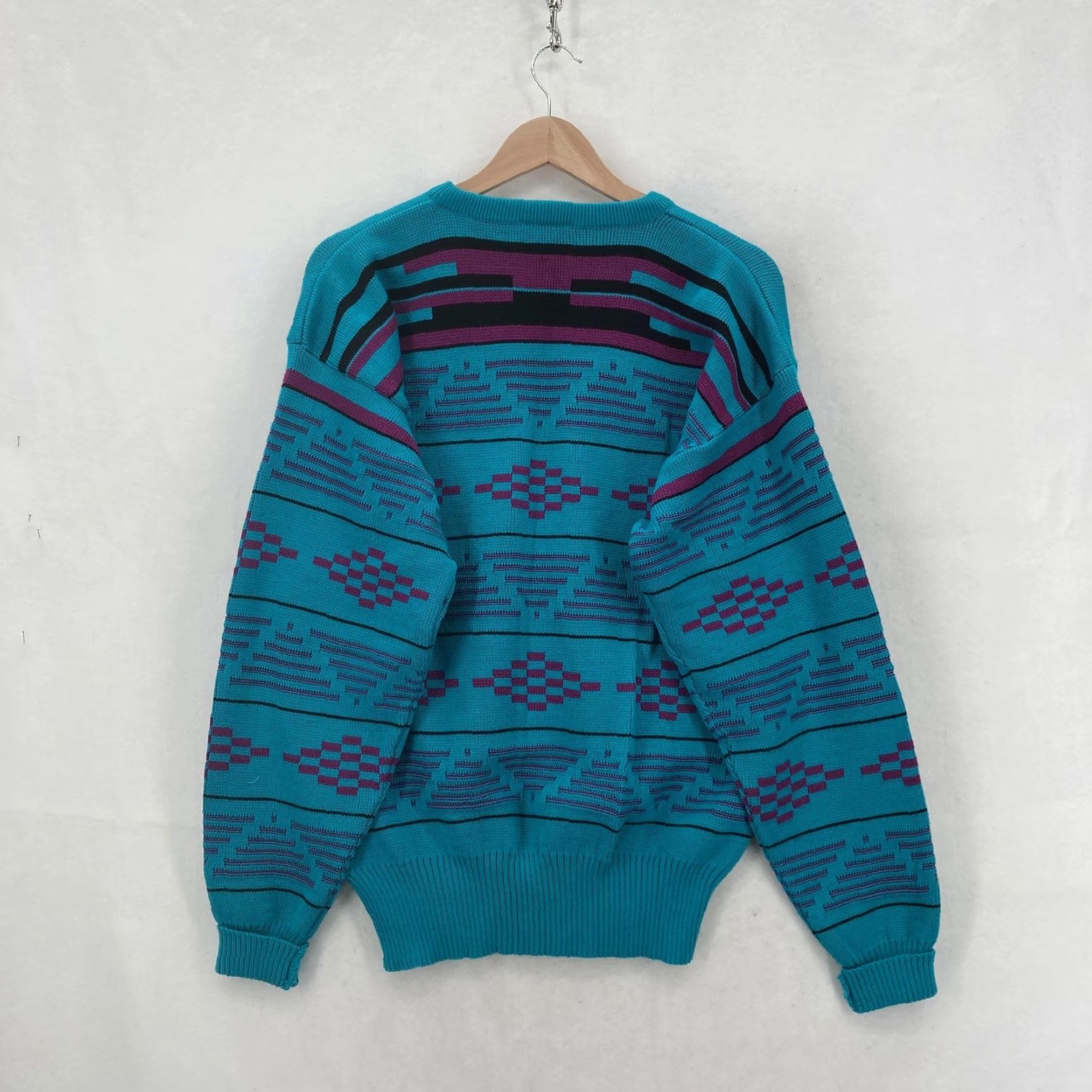 Vintage VINTAGE Meister Sweater Mens Large Teal Purple Geometric Wool Blend 90s Retro Crew Neck Knit Pullover Size US L / EU 52-54 / 3 - 7 Thumbnail