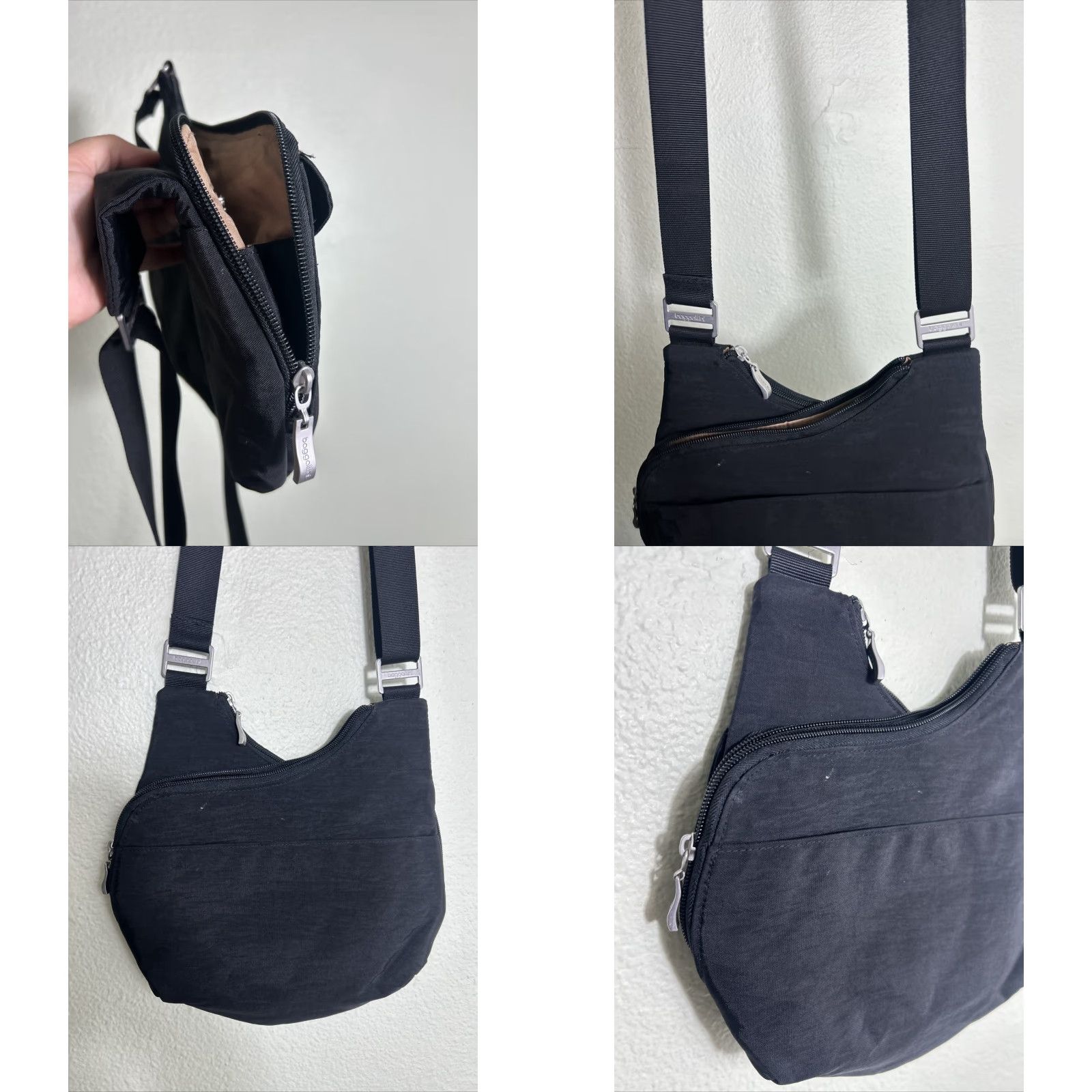 Baggallini Crossbody Bag Travel Adjustable Strap Black 12x9.5x3.5 Women,  Nylon, Beige Lining, Cross-Body,