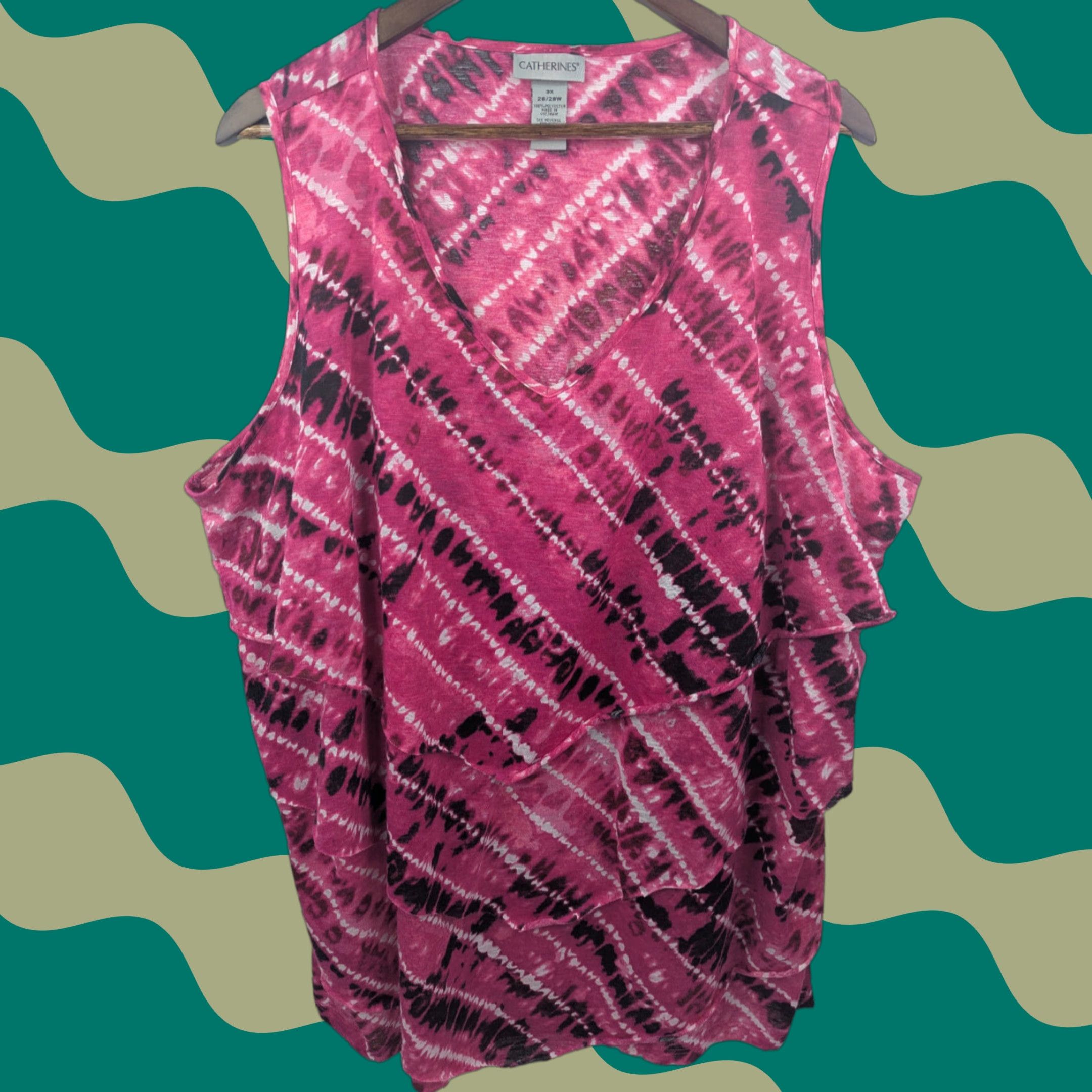 Vintage Catherines Blouse Shirt Sleeveless Tank Top Womens Plus 3X Pink Ruffles Vibrant V-Neck Easy Care Tiered For Casual Workwear Summer 90s Beach Preppy Size XXL / US 16-18 / IT 52-54 - 1 Thumbnail