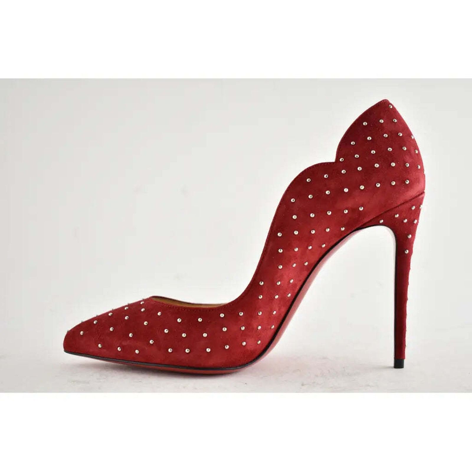 Christian Louboutin Hot Chick Plume 100 Red Carmen Stud Suede Heel Pump 40 Size US 10 / IT 40 - 5 Thumbnail