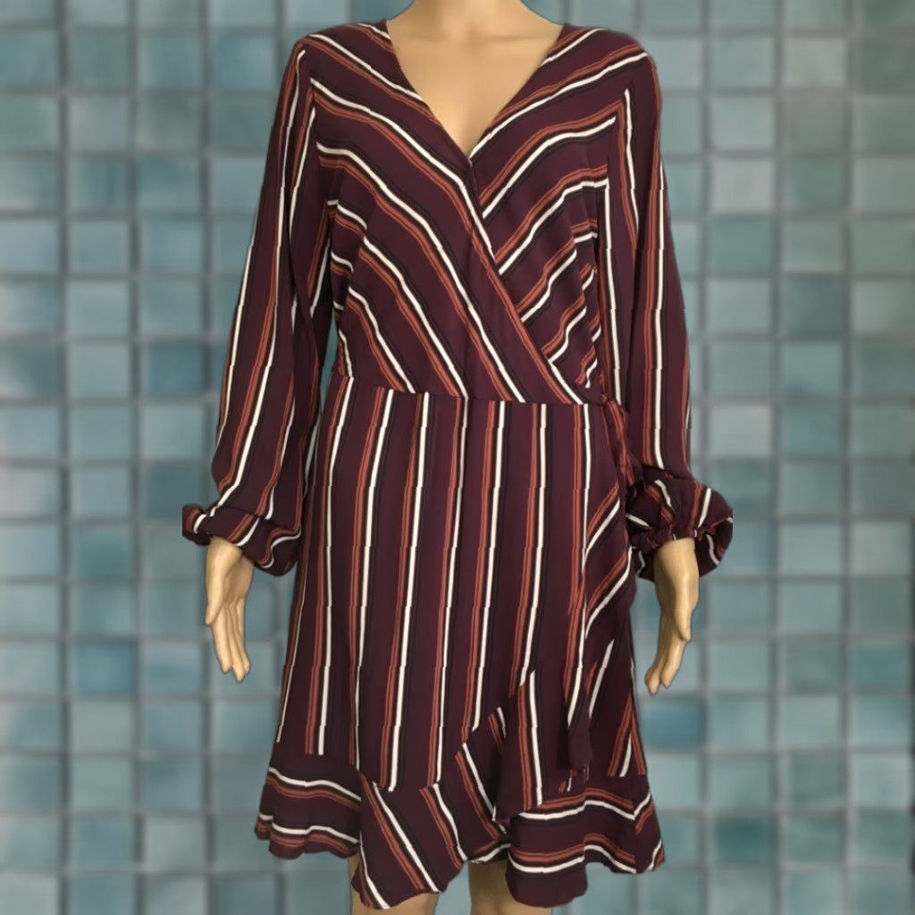 Vintage Xhilaration Dress Burgundy Stripe Asymmetric Ruffle Tie Snap L Womens Knee-Length Rayon Casual Wrap Dress New Size L / US 10 / IT 46 - 1 Thumbnail