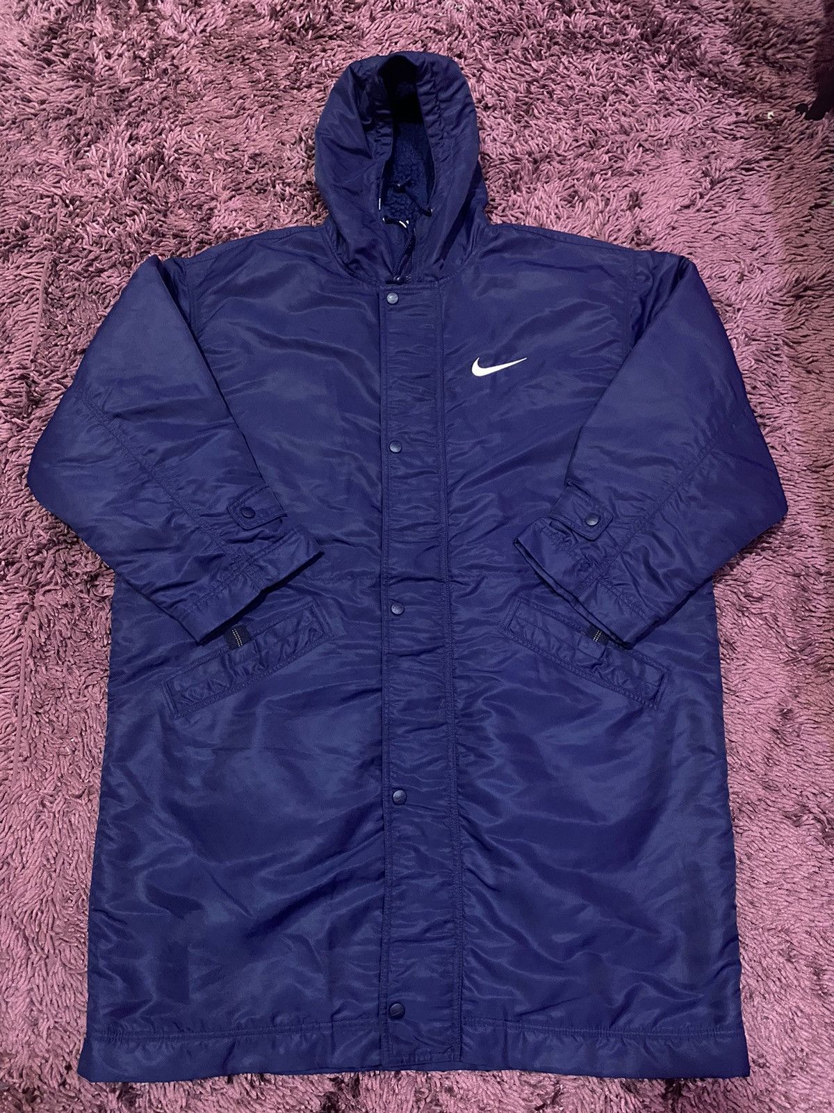 image of 90's Nike Parkas Long Jacket Back Big Swoosh in Blue, Men's (Size Large)