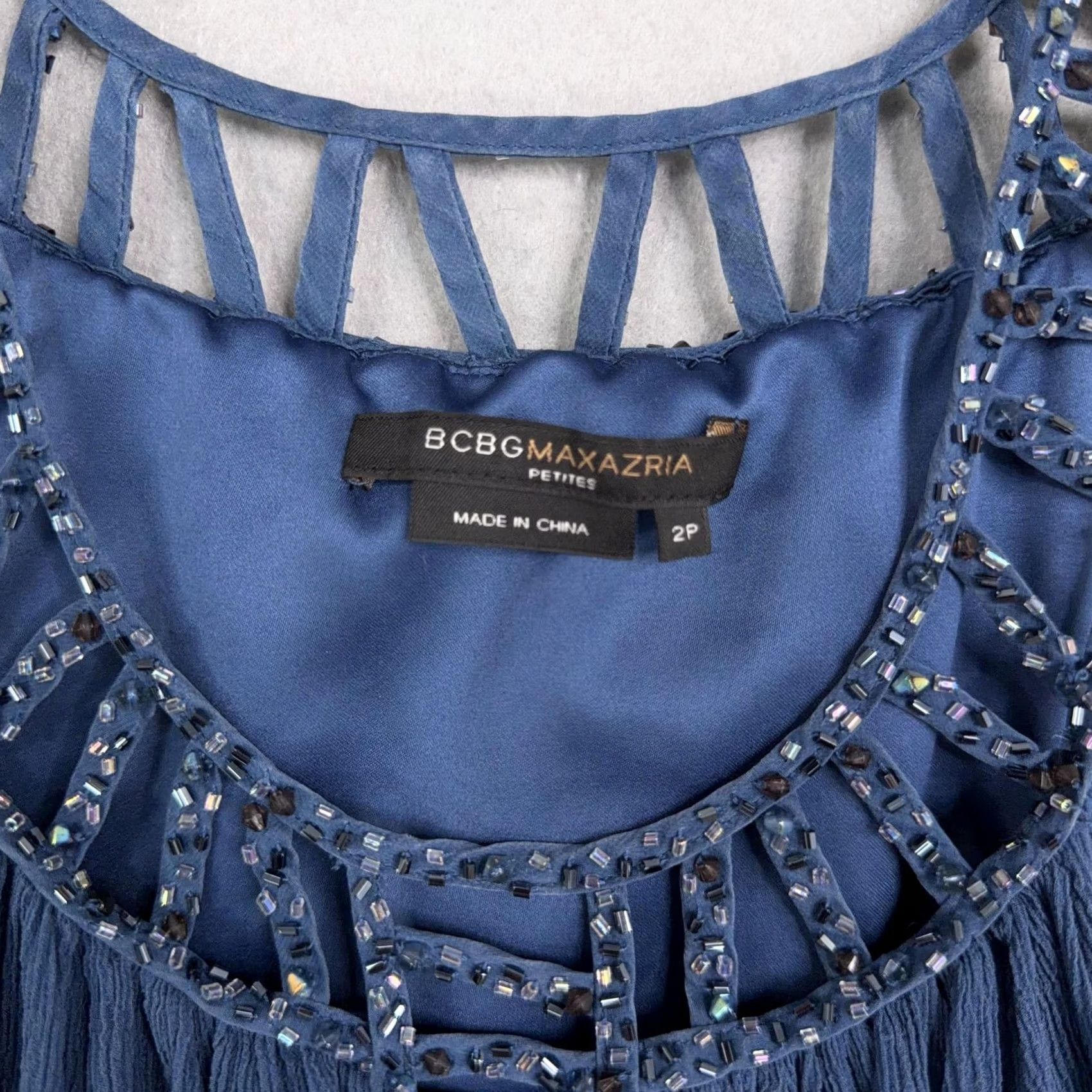 Bcbgmaxazria BCBGMAXAZRIA Dress Womens 2P Blue Beaded Halter Chiffon Swing Short Trapeze Y2K Ladies Petite Size 26" / US 2 / IT 38 - 3 Thumbnail