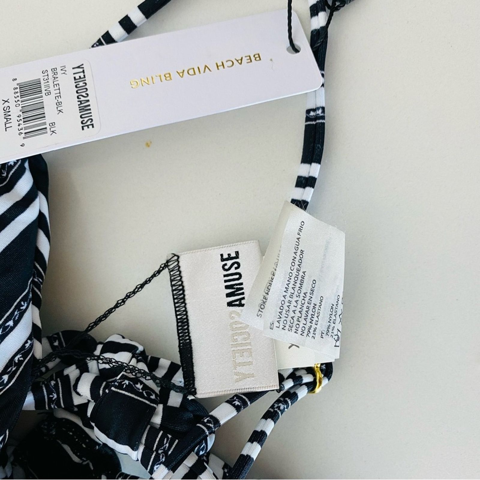Anthropologie AMUSE SOCIETY Black White Stripe Triangle Top Bikini Swim Size ONE SIZE - 13 Thumbnail