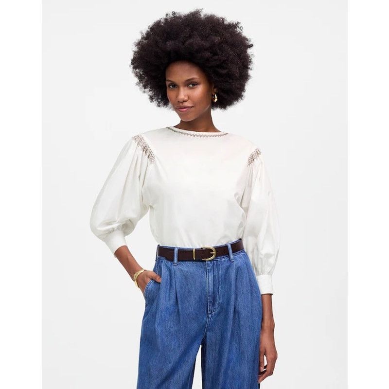 Madewell NWT Madewell Embroidered Poplin Balloon-Sleeve Top White XS Size XS / US 0-2 / IT 36-38 - 1 Thumbnail