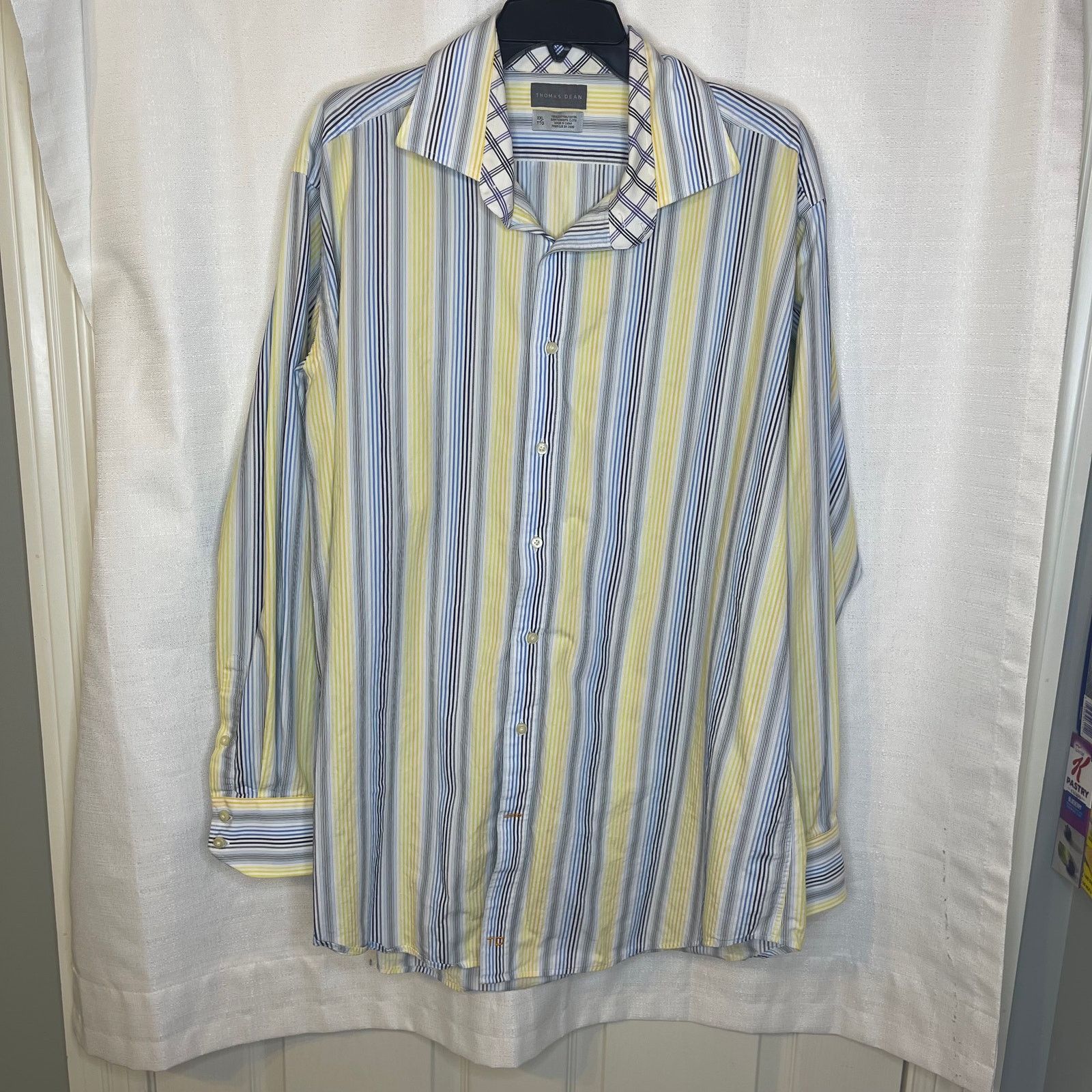 Thomas Dean Thomas Dean Button Down Blue & Yellow Striped Shirt, XXL Size US XXL / EU 58 / 5 - 2 Thumbnail