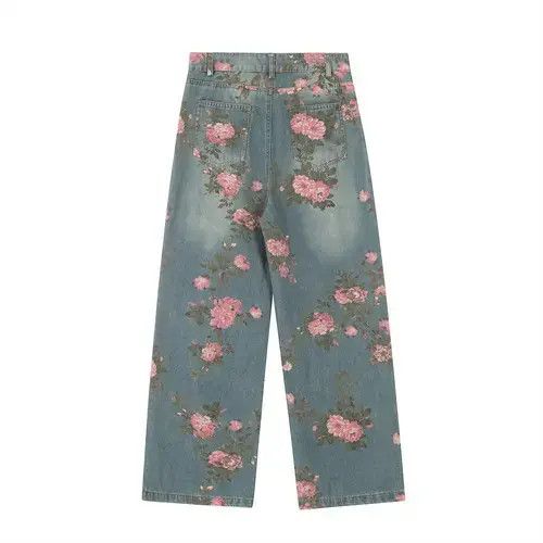 Jean Men's loose wide-leg rose print jeans Size US 32 / EU 48 - 6 Thumbnail