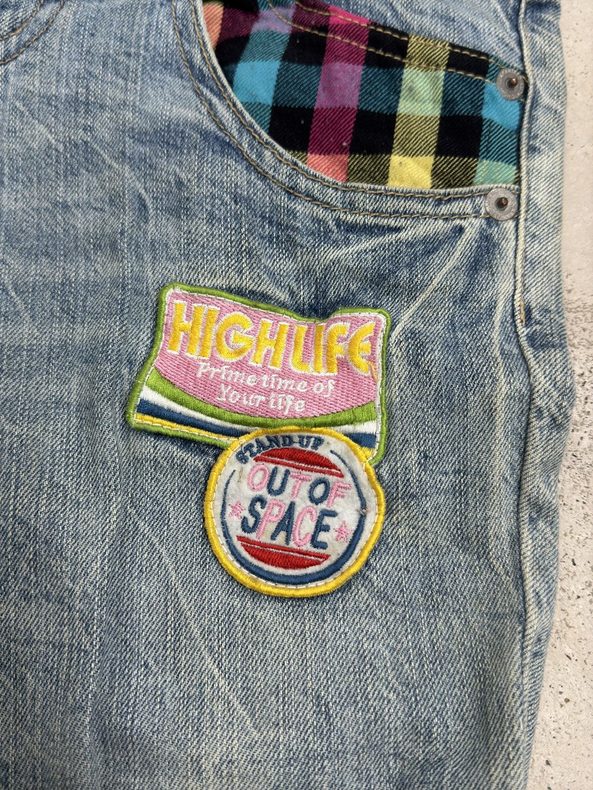 Hysteric Glamour Japanese Y2K Double Waist Plaid Patches Sun Faded Denim Size US 31 - 7 Thumbnail