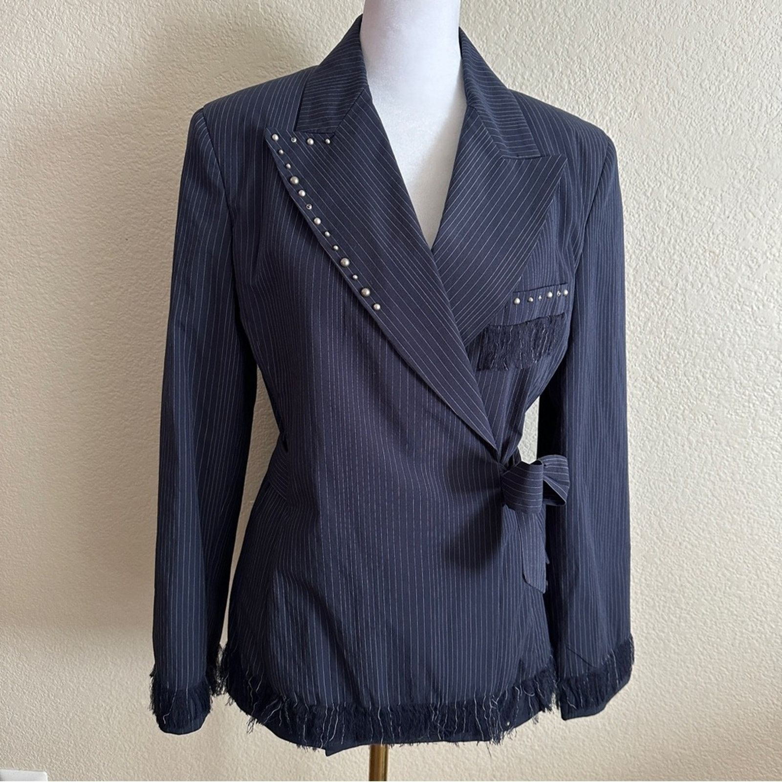 AGLINI AGLINI Pinstriped 100% COTTON Wrap Tie Blazer Blue White 42 Size M / US 6-8 / IT 42-44 - 1 Thumbnail