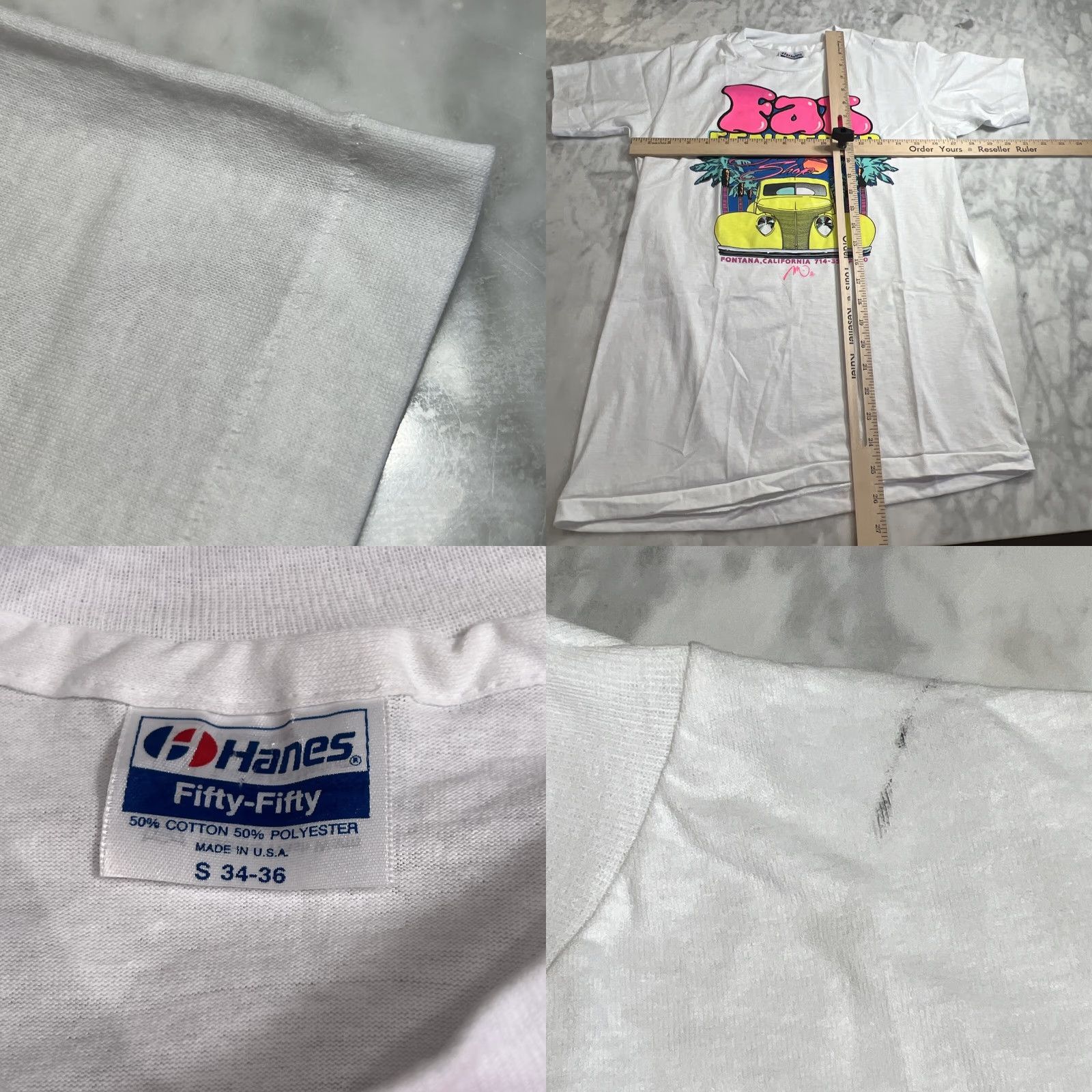 Hanes VINTAGE 1990 Fat Fendered Street Rod Shop T Shirt Small Fontana CA Single Stitch Neon Hanes Mens S White Graphic Tee Mod/GoGo Size US S / EU 44-46 / 1 - 8 Thumbnail