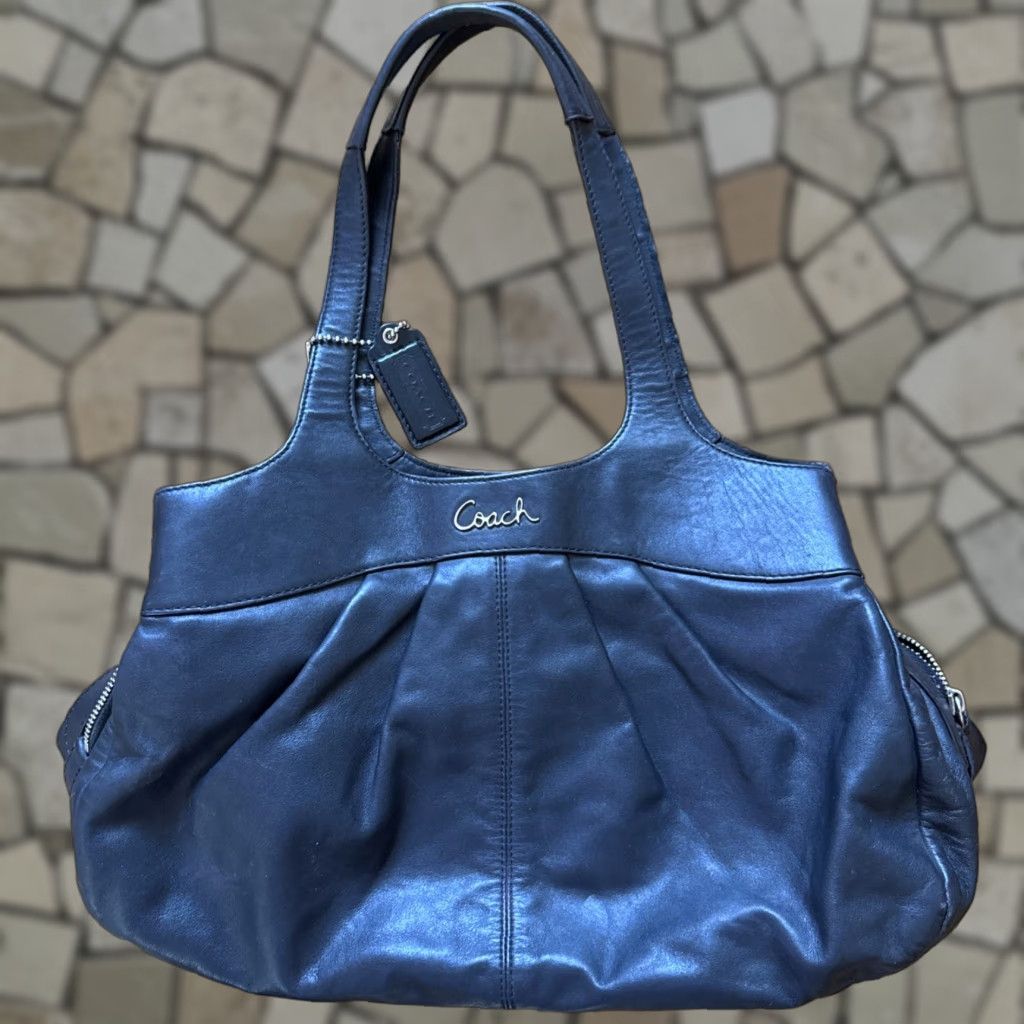 Vintage Coach Lexi Satchel Bag Metallic Black Leather Silver Hardware Shoulder Bag Women Large With Signature Coach Emblem