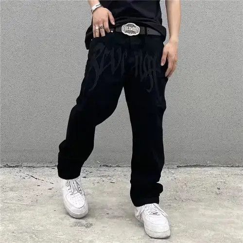 Jean Retro Black Embroidered Letter Jeans Size US 33 - 3 Thumbnail