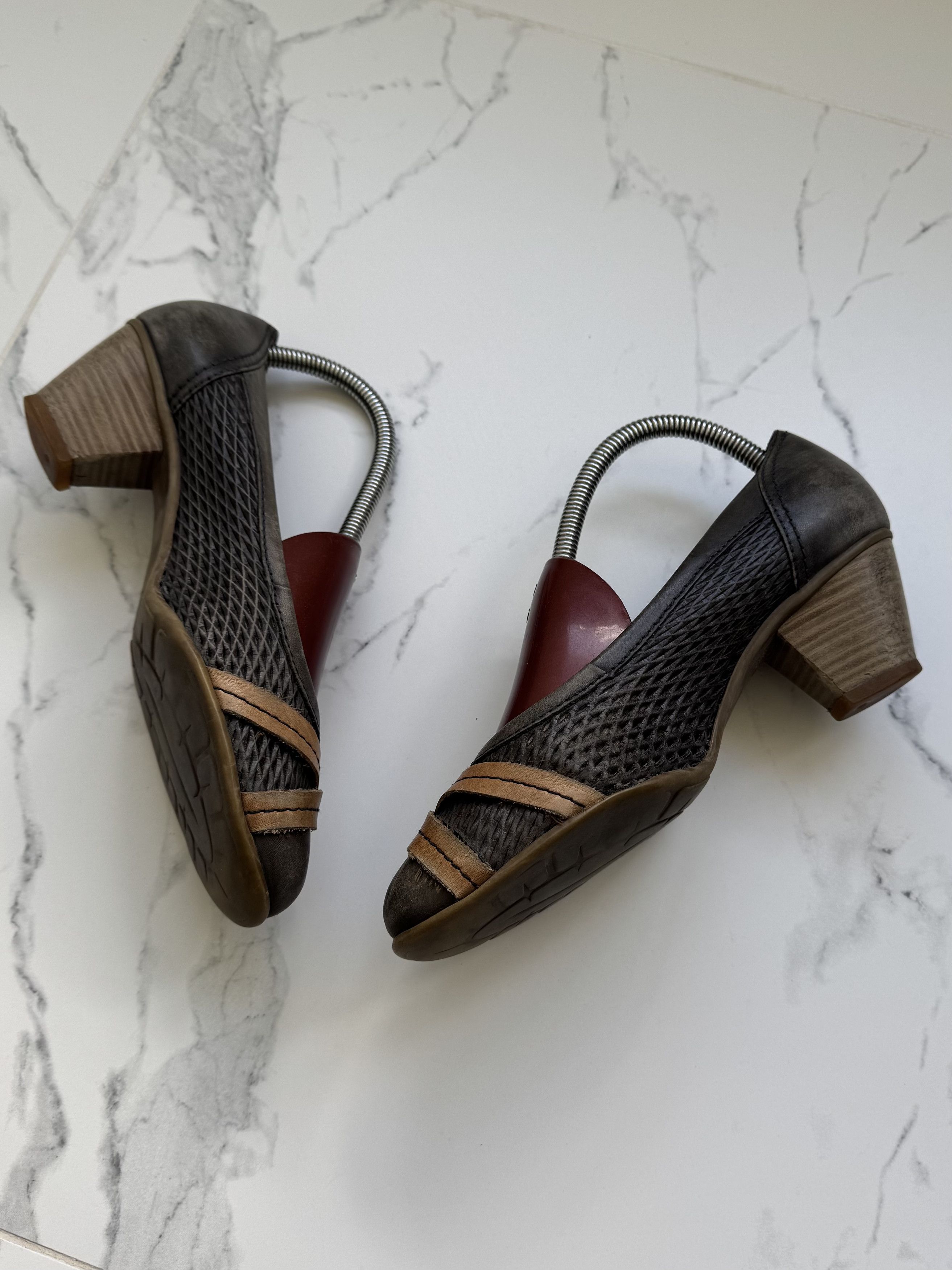 Vintage Vintage Peep Toe Block Heel Mesh Panel Shoes Brown Grey Size US 9 / IT 39 - 3 Thumbnail