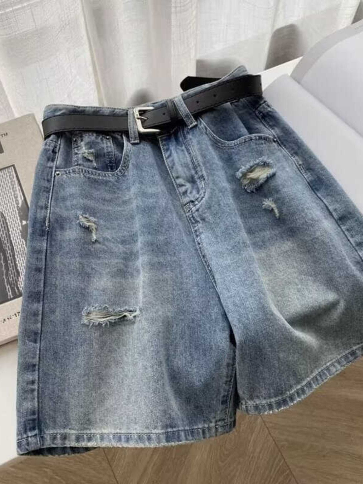 Japanese Brand × Jean Straight washed wide leg denim shorts with holes Size US 32 / EU 48 - 1 Thumbnail