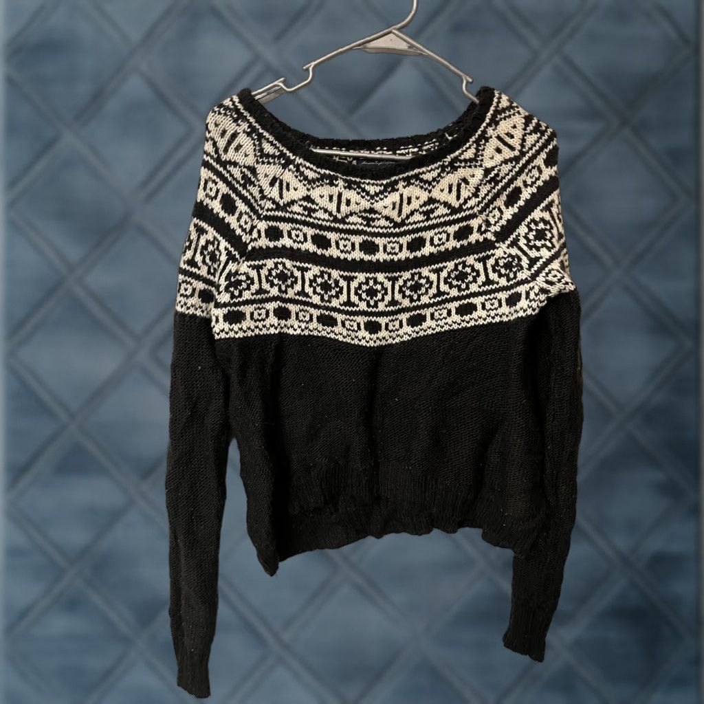 American Eagle Outfitters American Eagle Outfitters Nordic Sweater Shirt Women S Black Knit Pullover Boat Neck Long Sleeve Wool-Free Pattern Fall Winter Vintage No Size S / US 4 / IT 40 - 1 Thumbnail