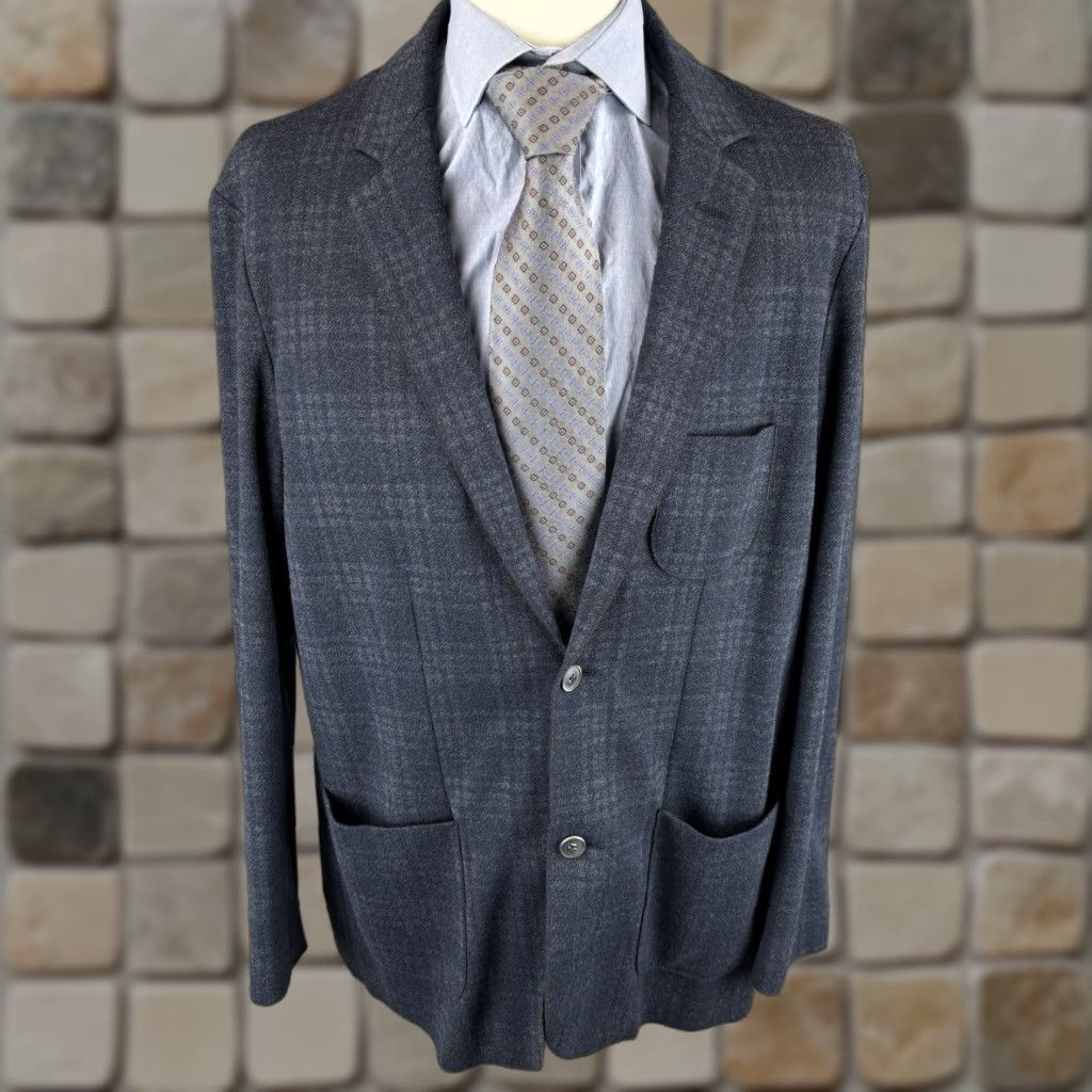 BUGATCHI BUGATCHI Blazer Jacket Men XL Navy Plaid Notch Lapel Single-Breasted Two-Button Unstructured Sport Coat Outdoor/Business Casual Size 46R - 1 Thumbnail