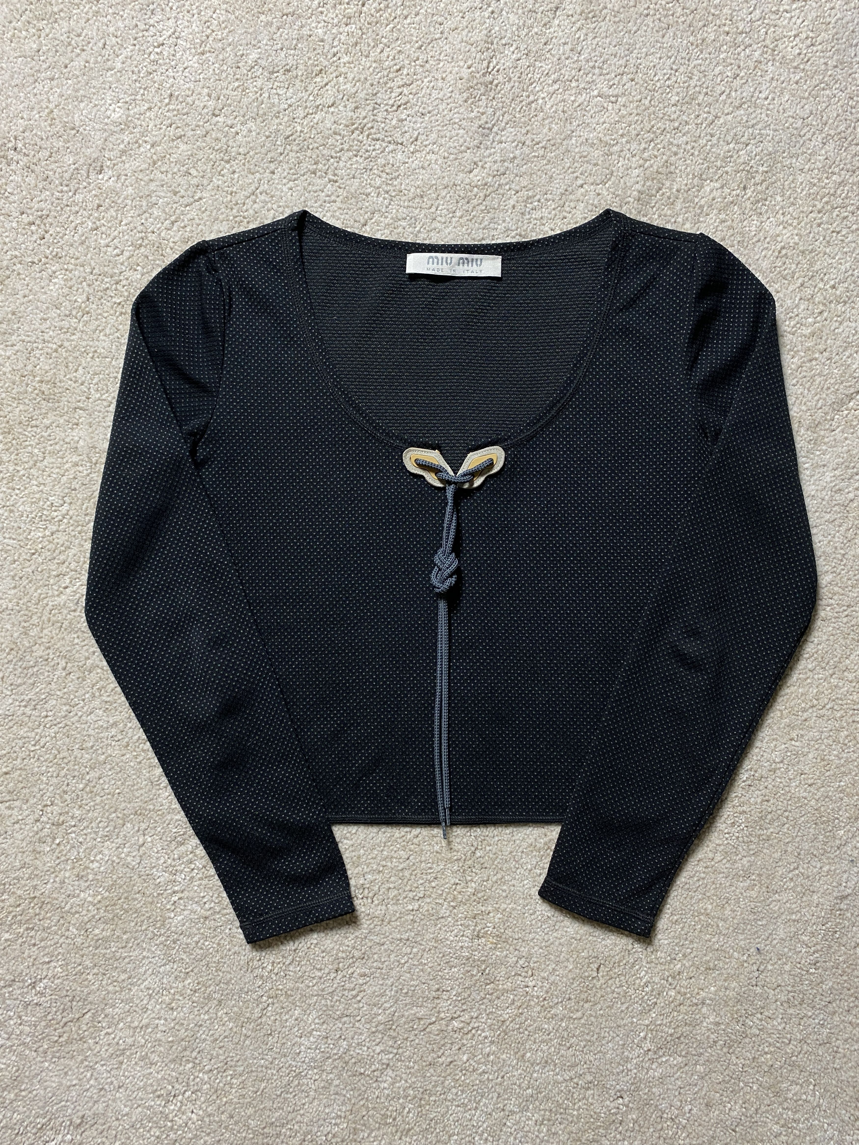 image of Miu Miu Crop Track Top Butterfly T-Shirt Long Sleeve Lace Up in Black, Women's (Size Small)